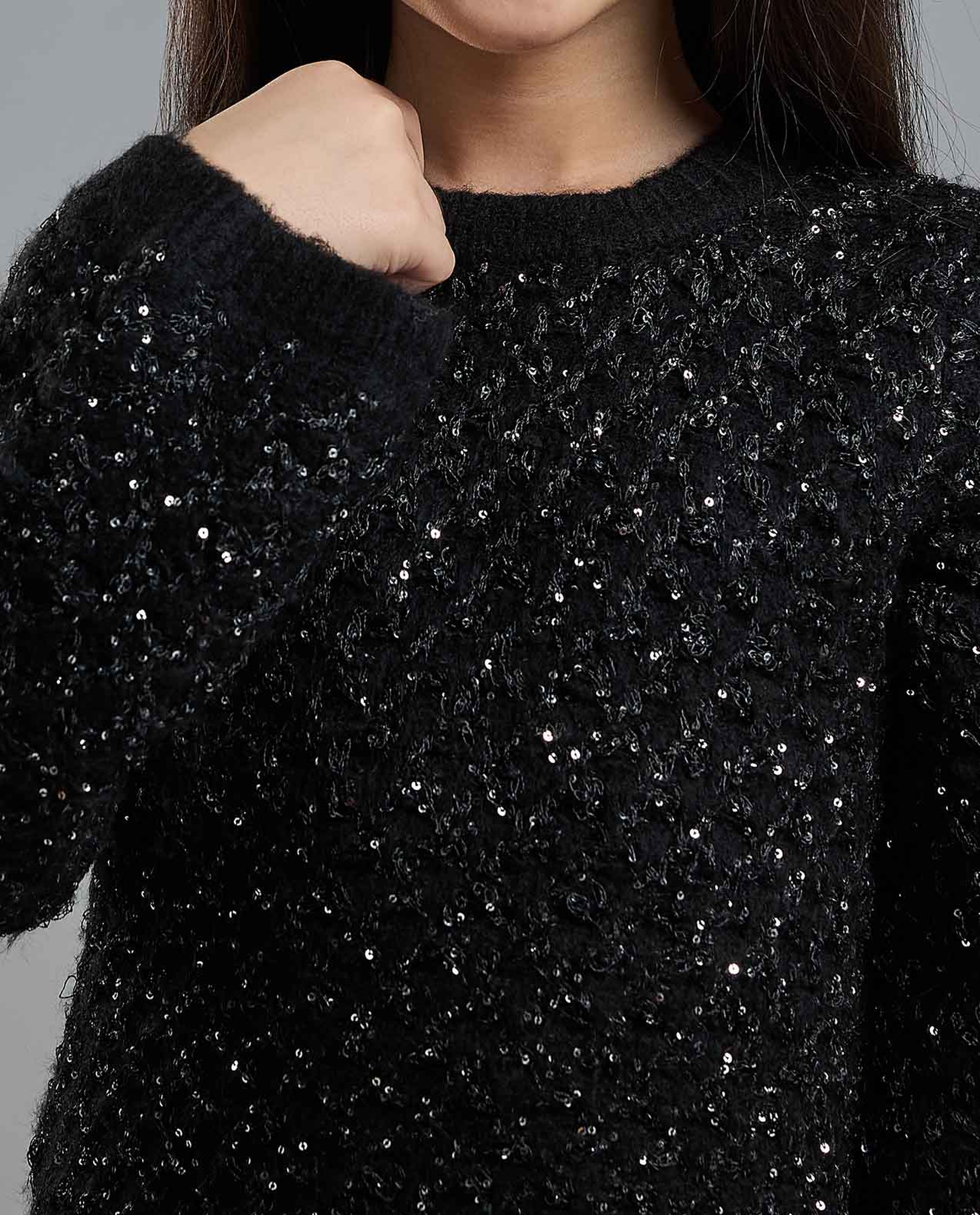 Textured Sweater with Crew Neck and Long Sleeves