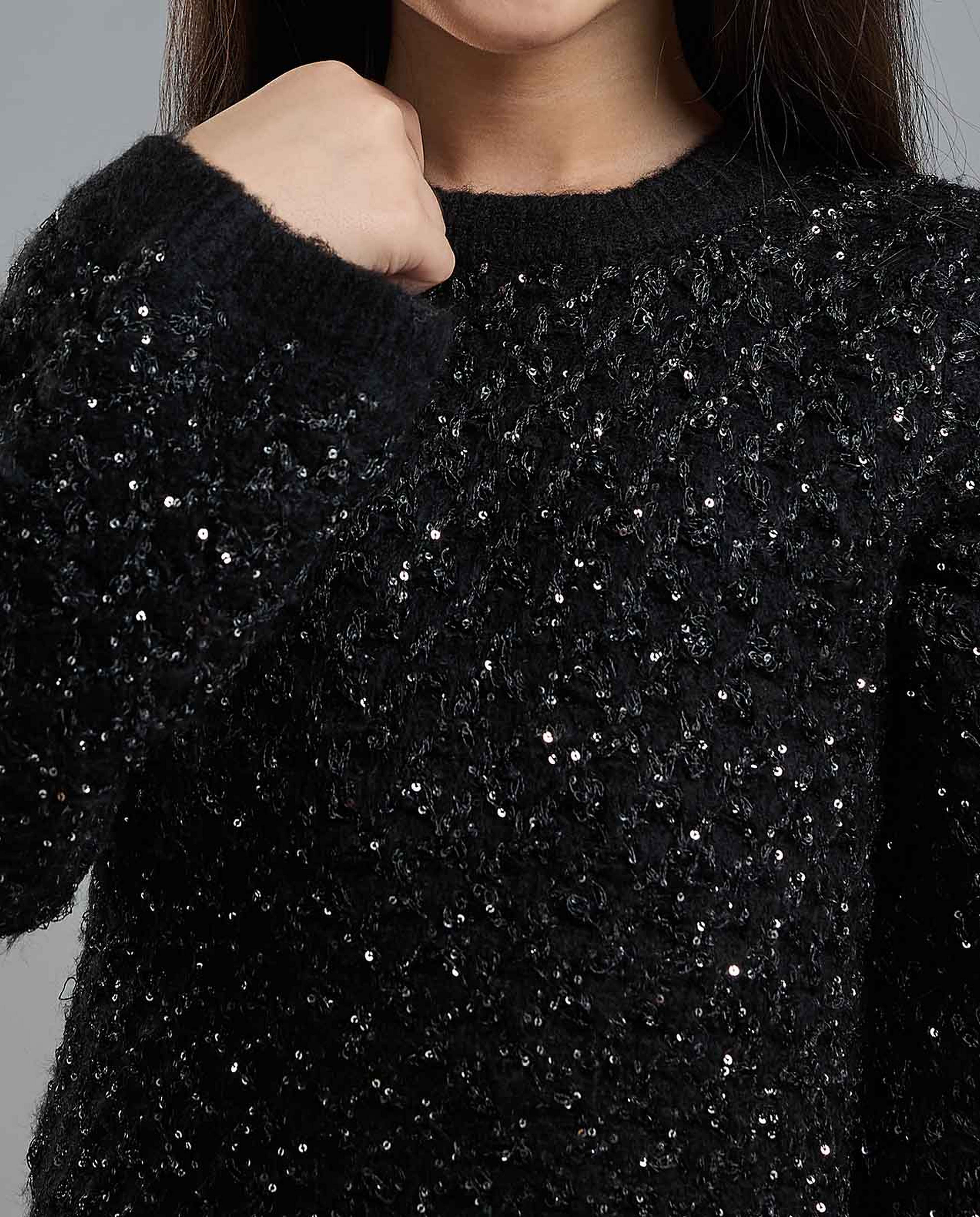 Textured Sweater with Crew Neck and Long Sleeves
