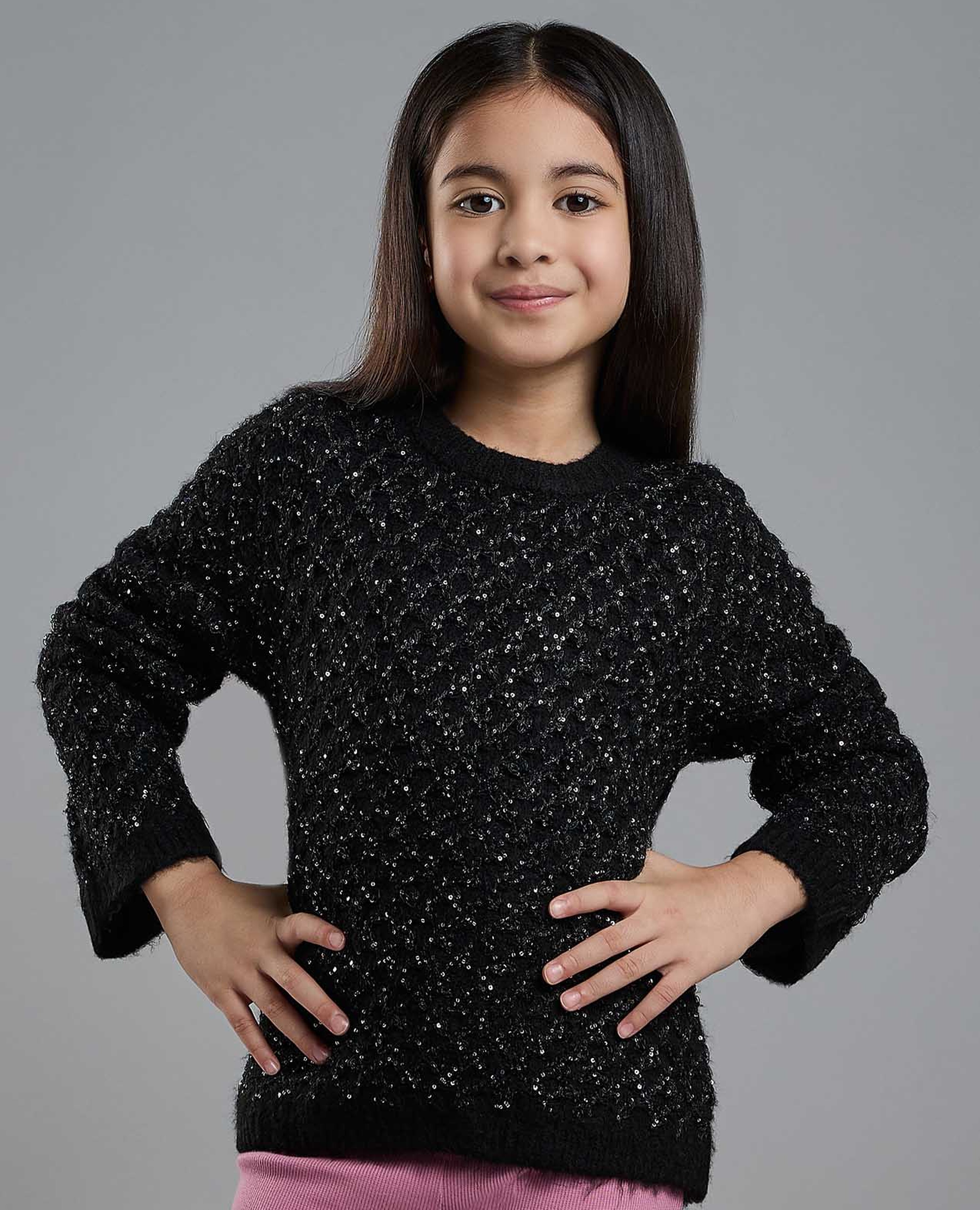 Textured Sweater with Crew Neck and Long Sleeves