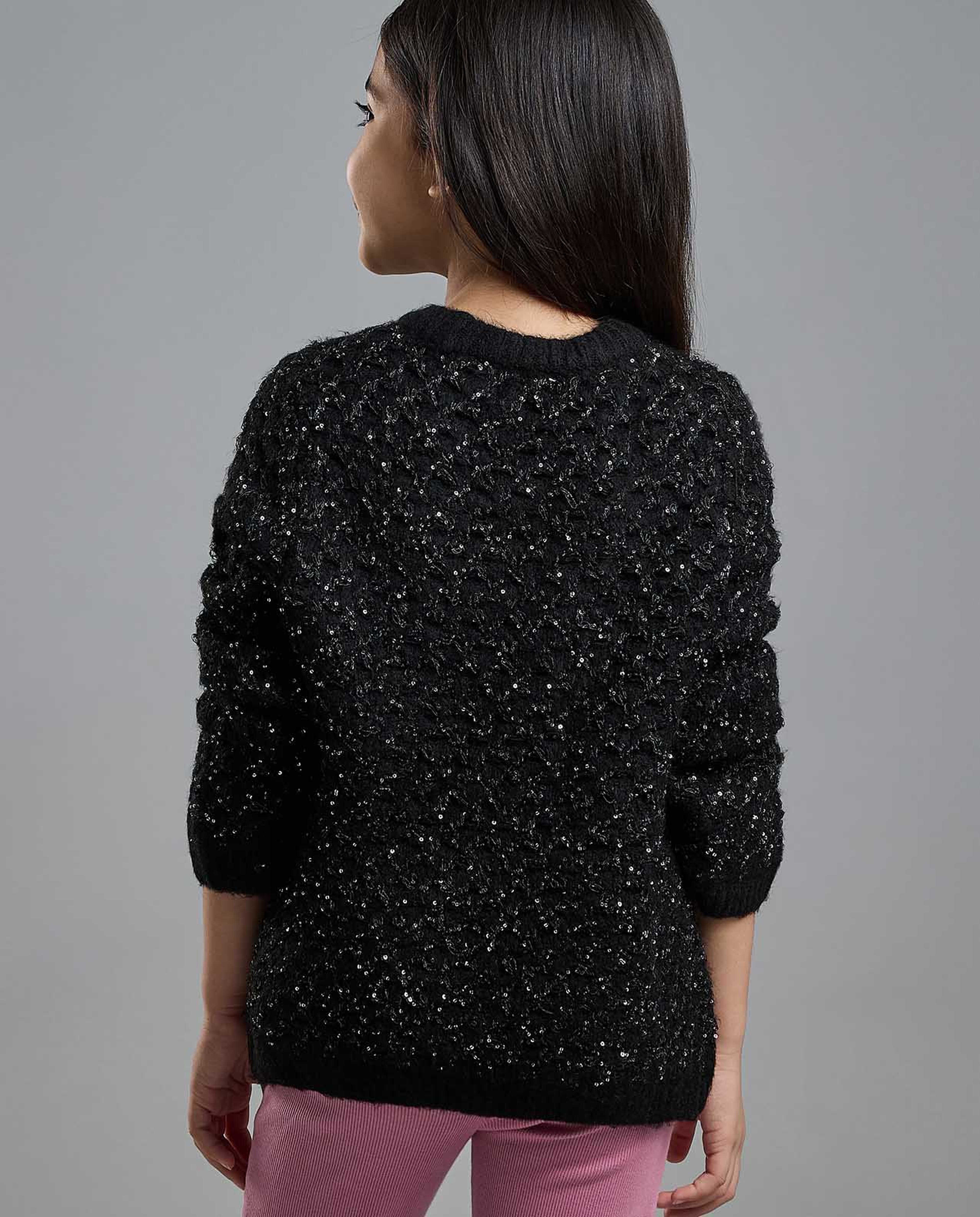 Textured Sweater with Crew Neck and Long Sleeves