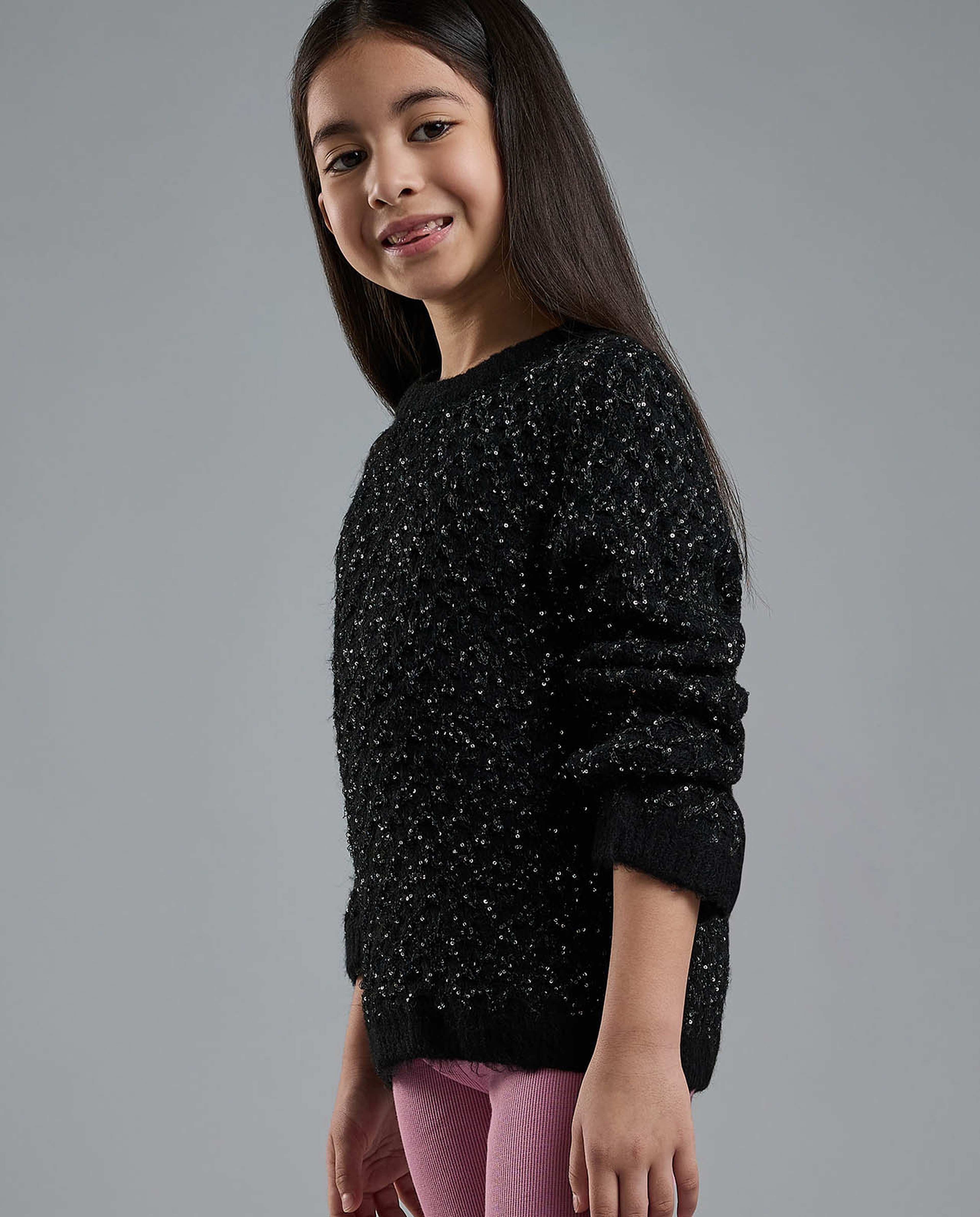 Textured Sweater with Crew Neck and Long Sleeves