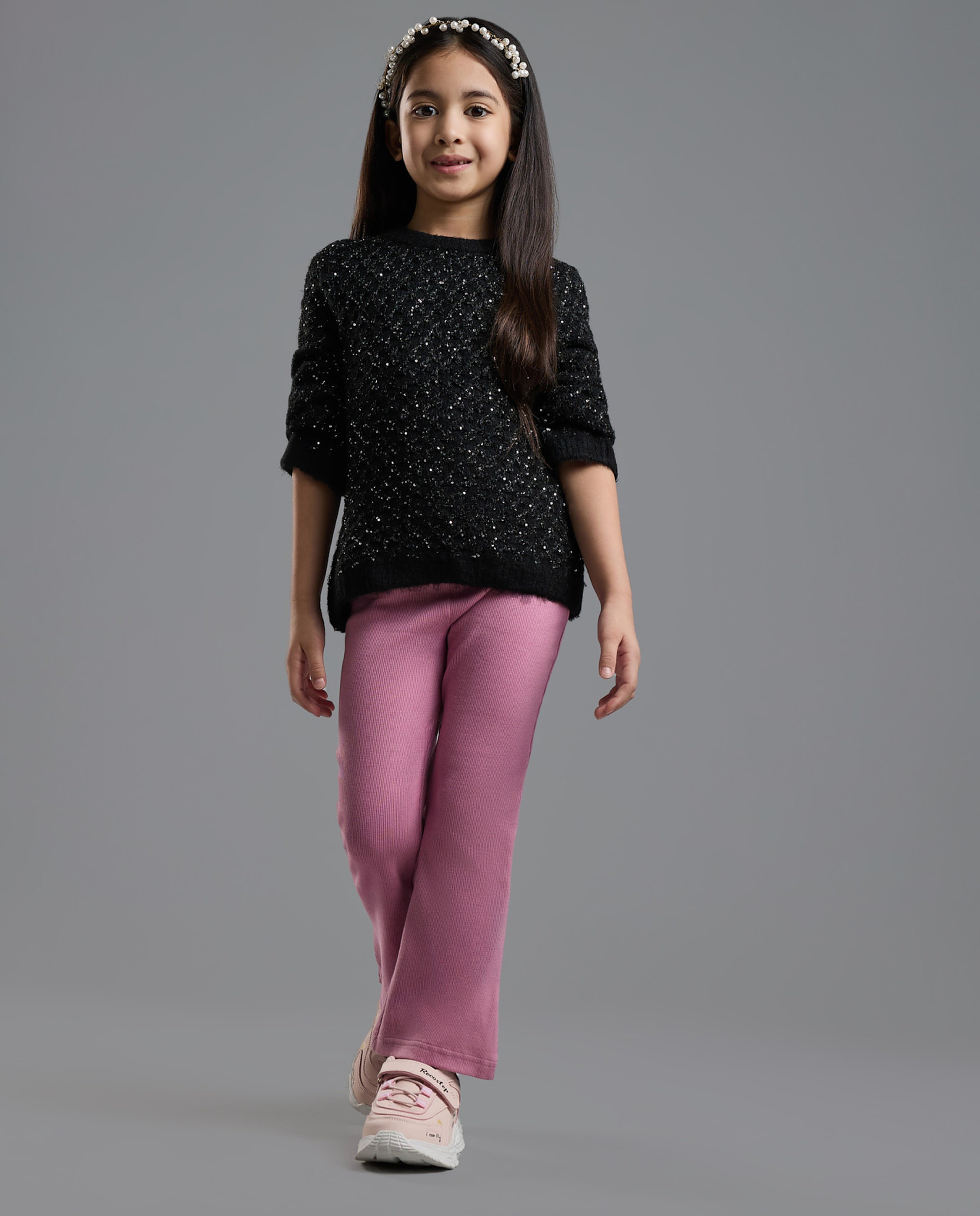 Textured Sweater with Crew Neck and Long Sleeves