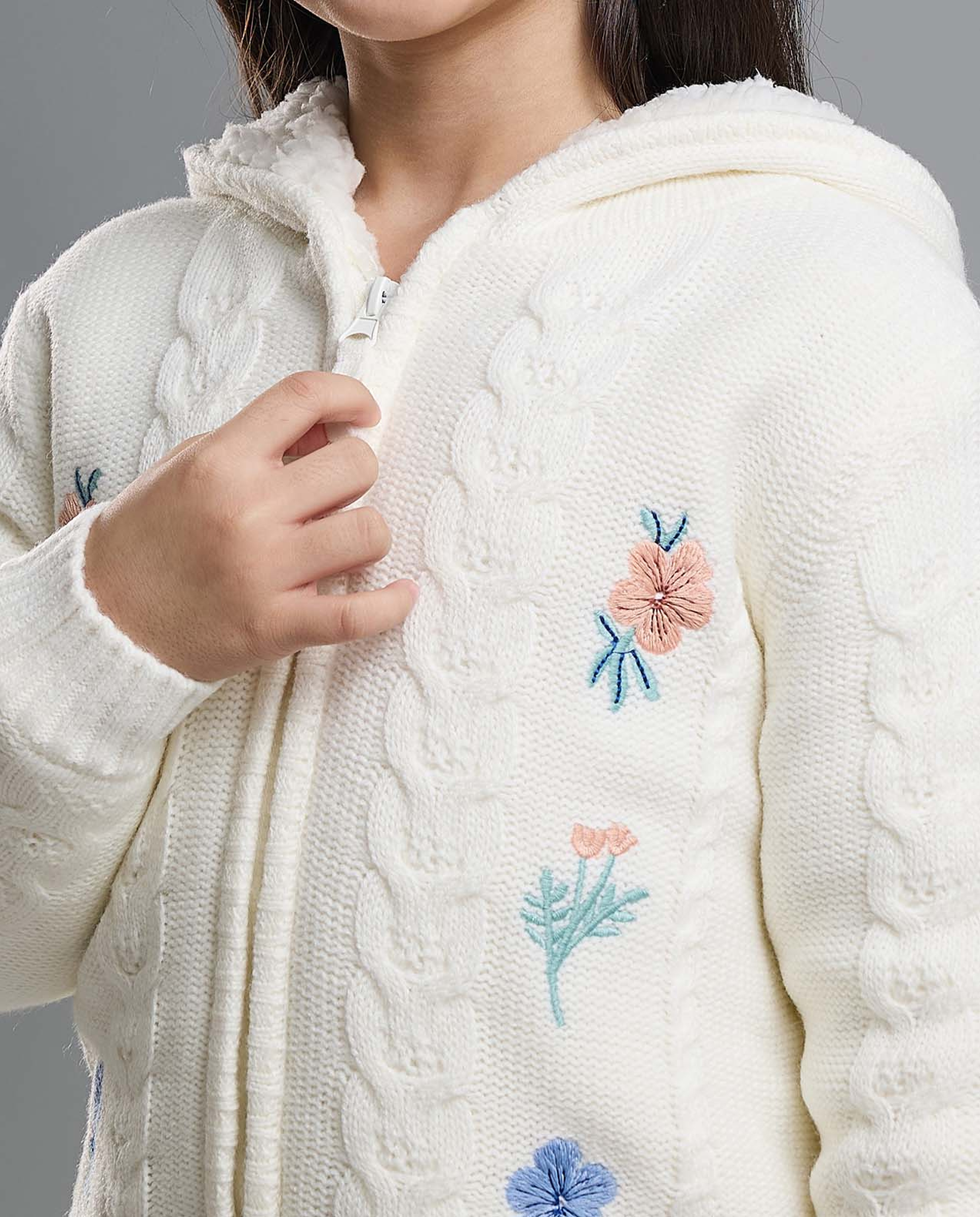 Embroidered Hooded Cardigan with Zipper Closure