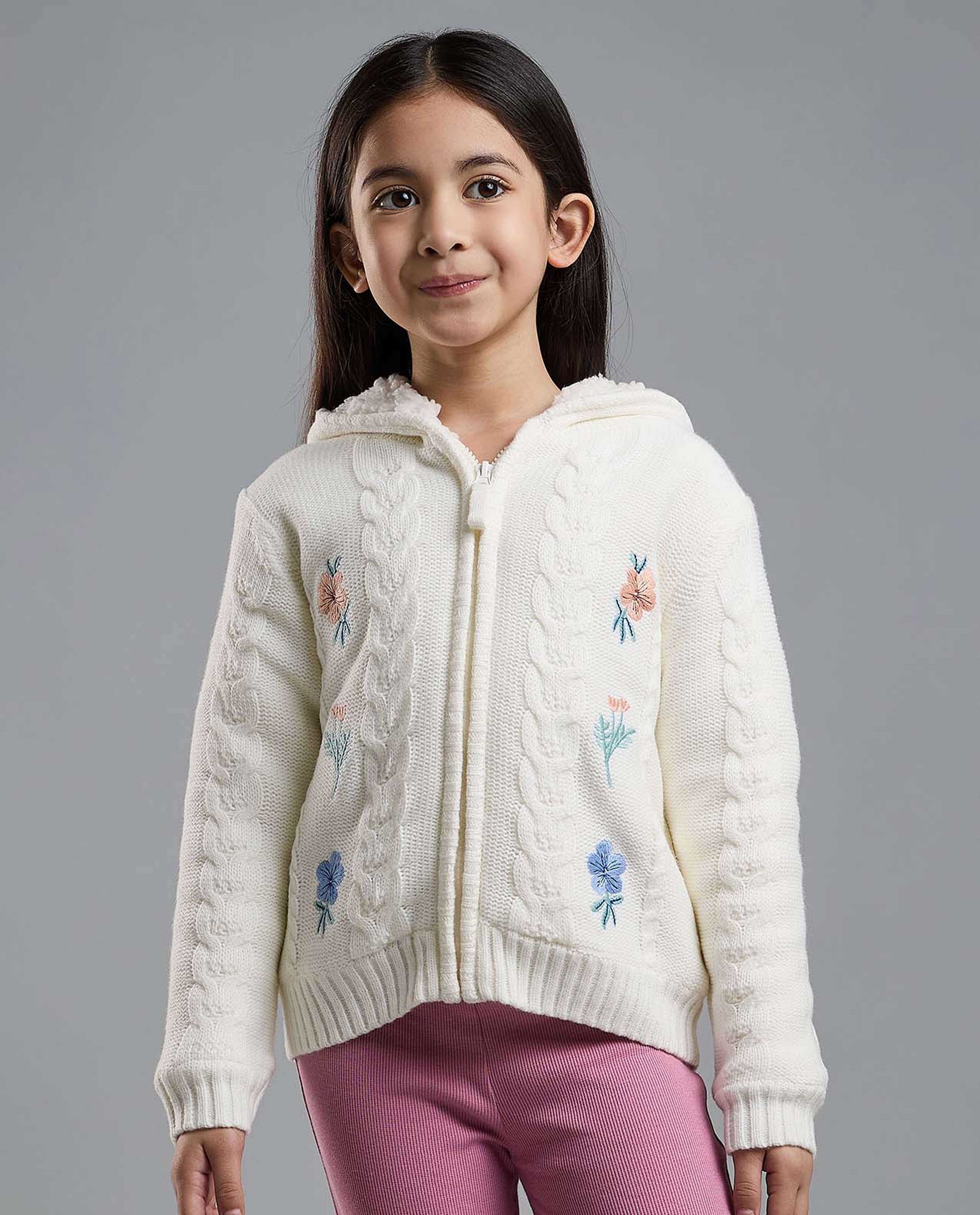 Embroidered Hooded Cardigan with Zipper Closure