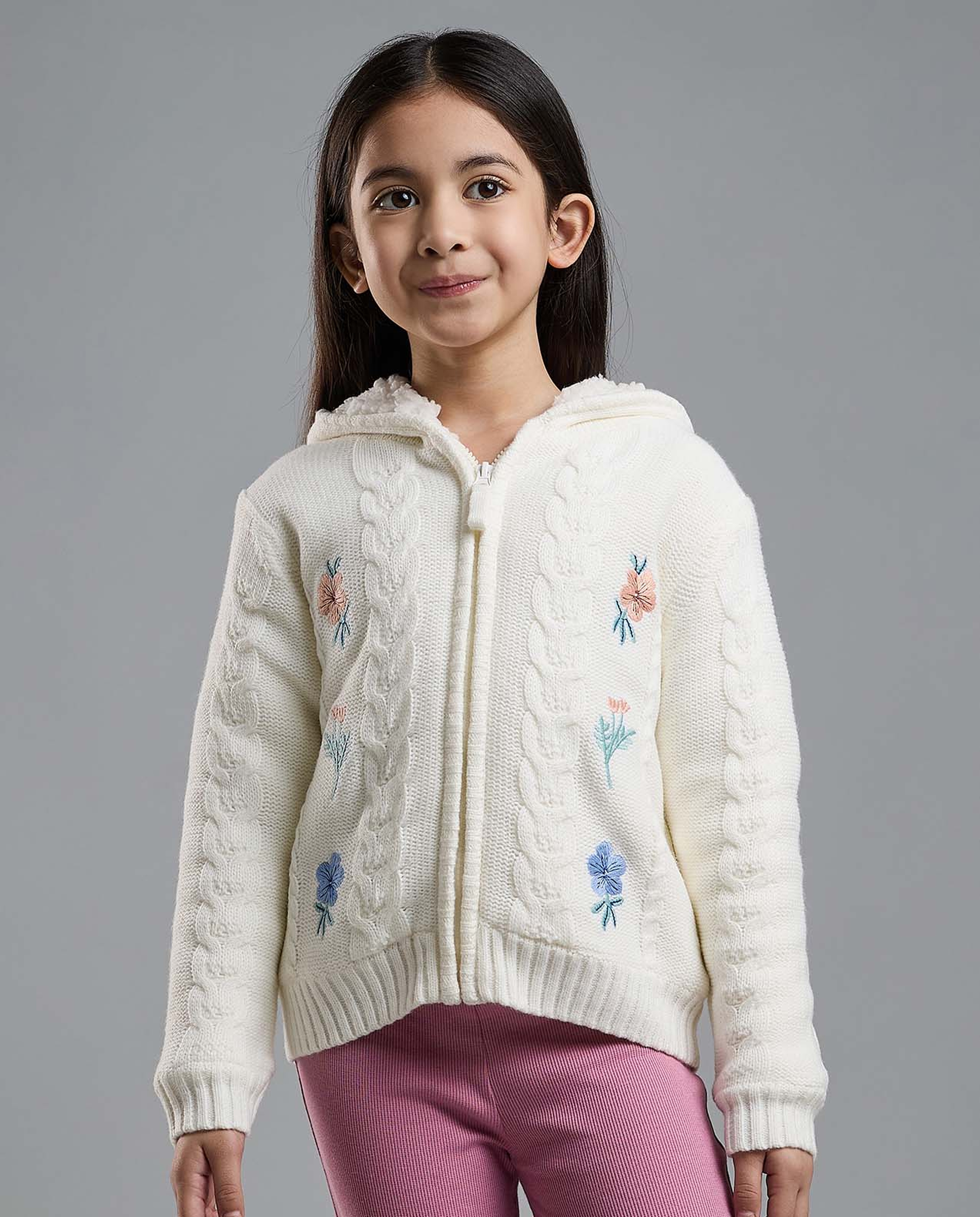 Embroidered Hooded Cardigan with Zipper Closure