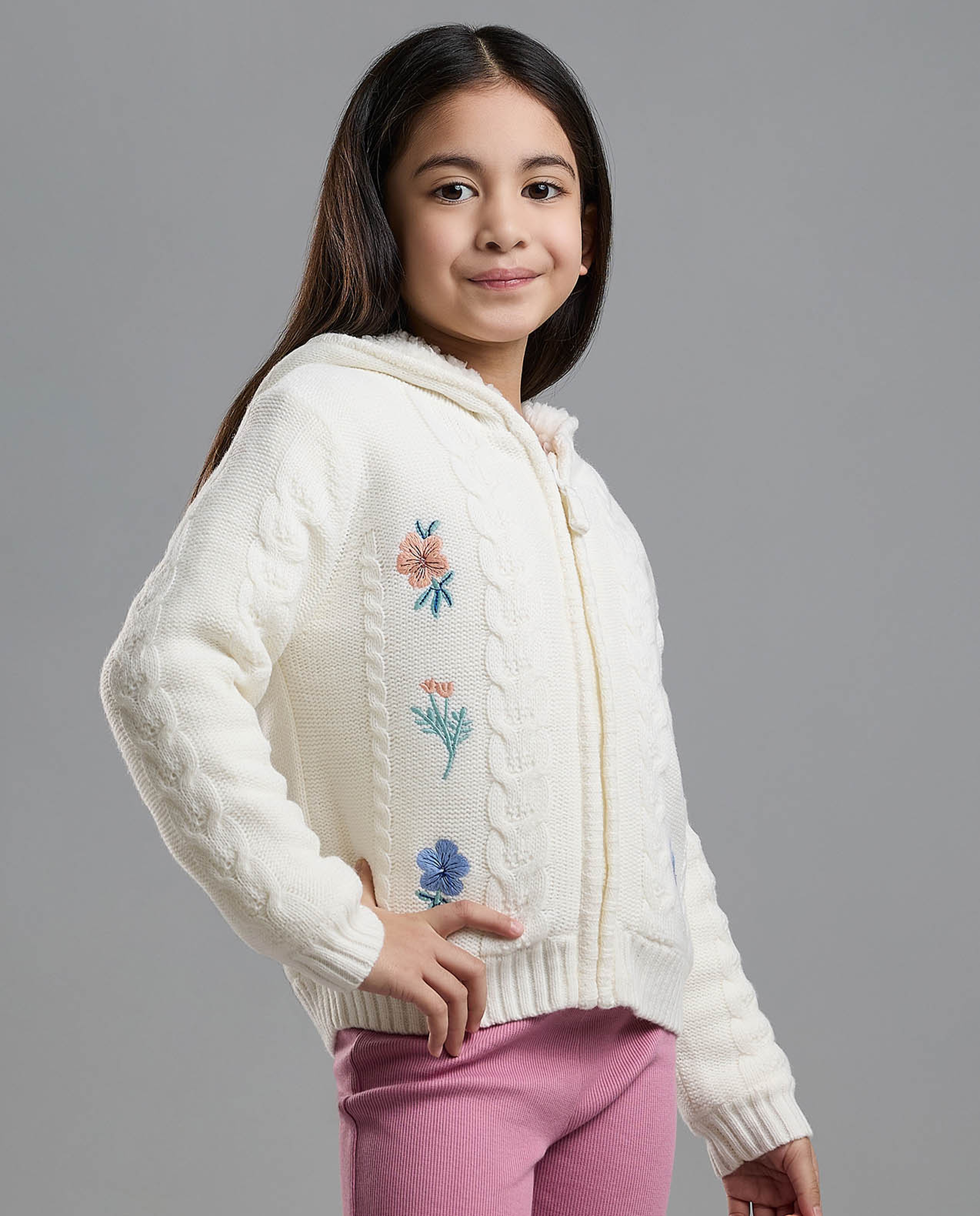 Embroidered Hooded Cardigan with Zipper Closure