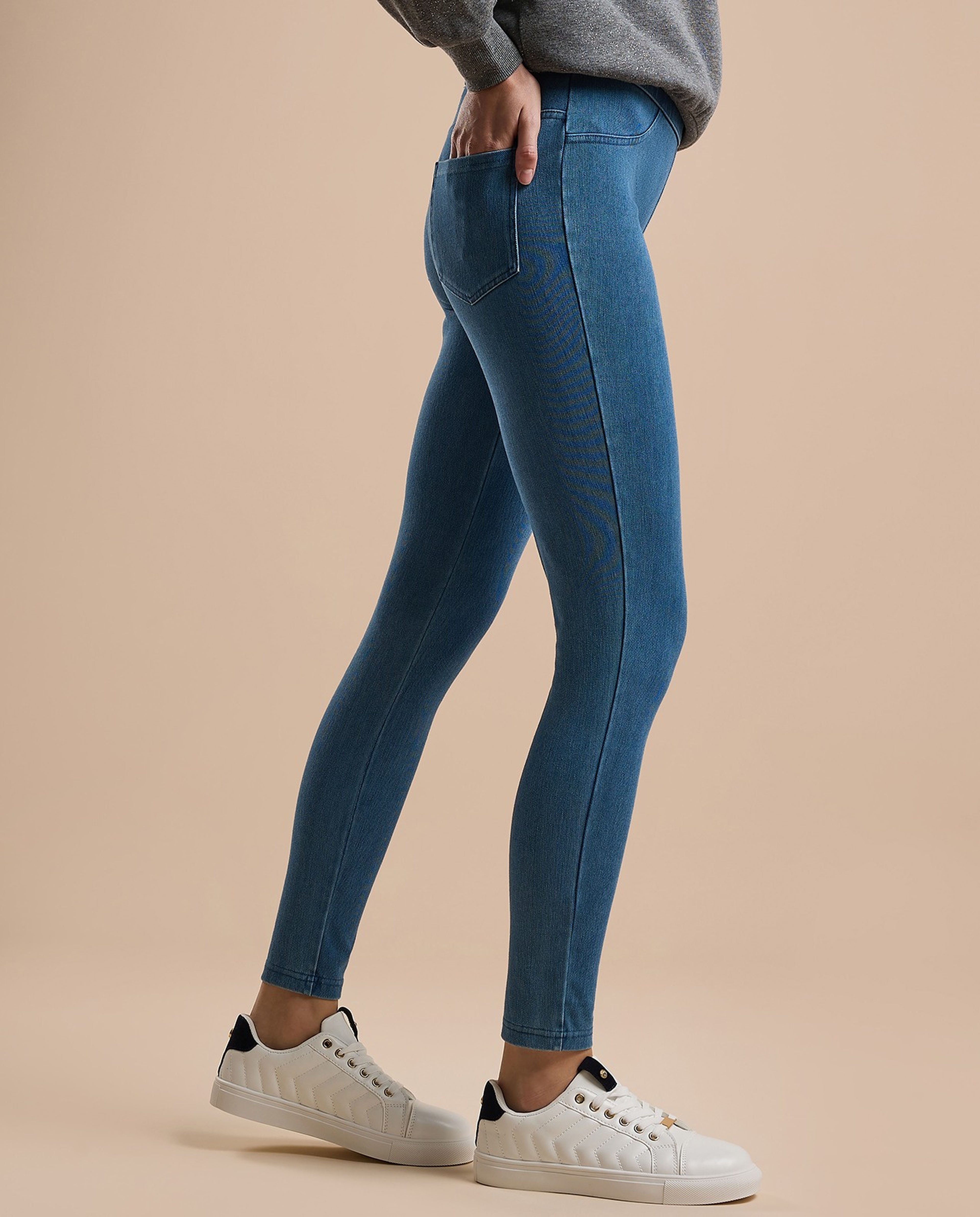 Washed Jeggings with Elastic Waist