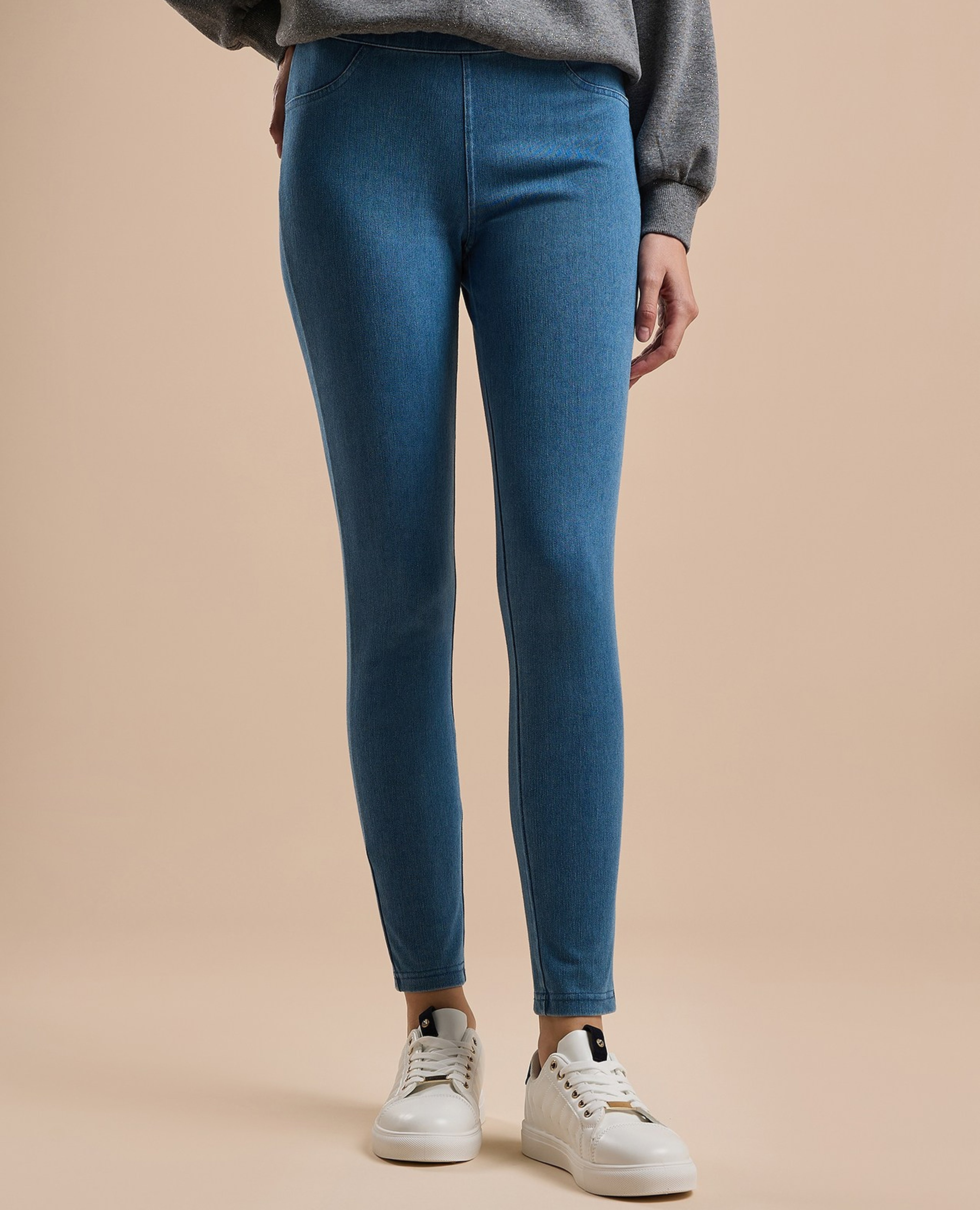 Washed Jeggings with Elastic Waist