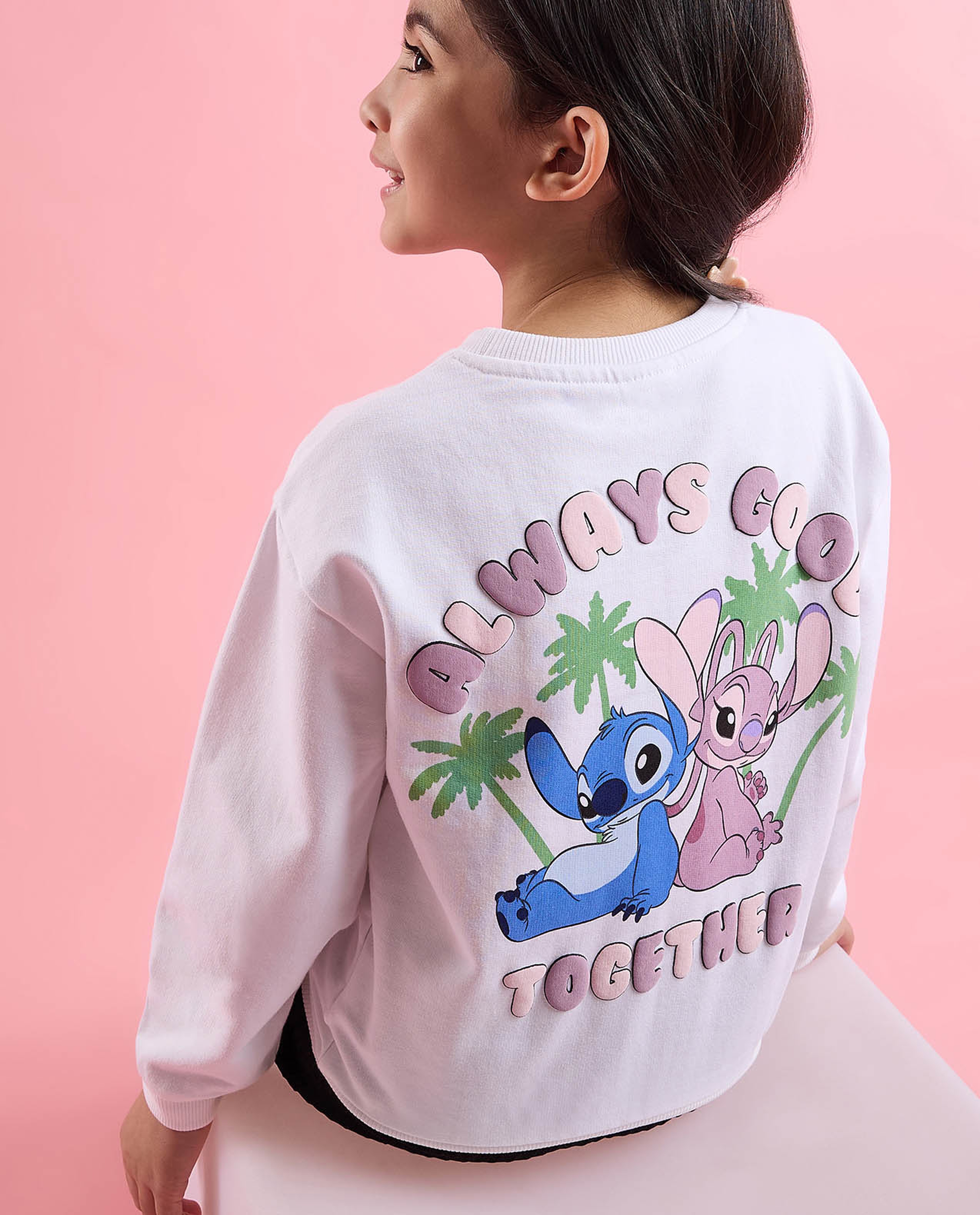 Stitch Printed Sweatshirt with Crew Neck and Long Sleeves