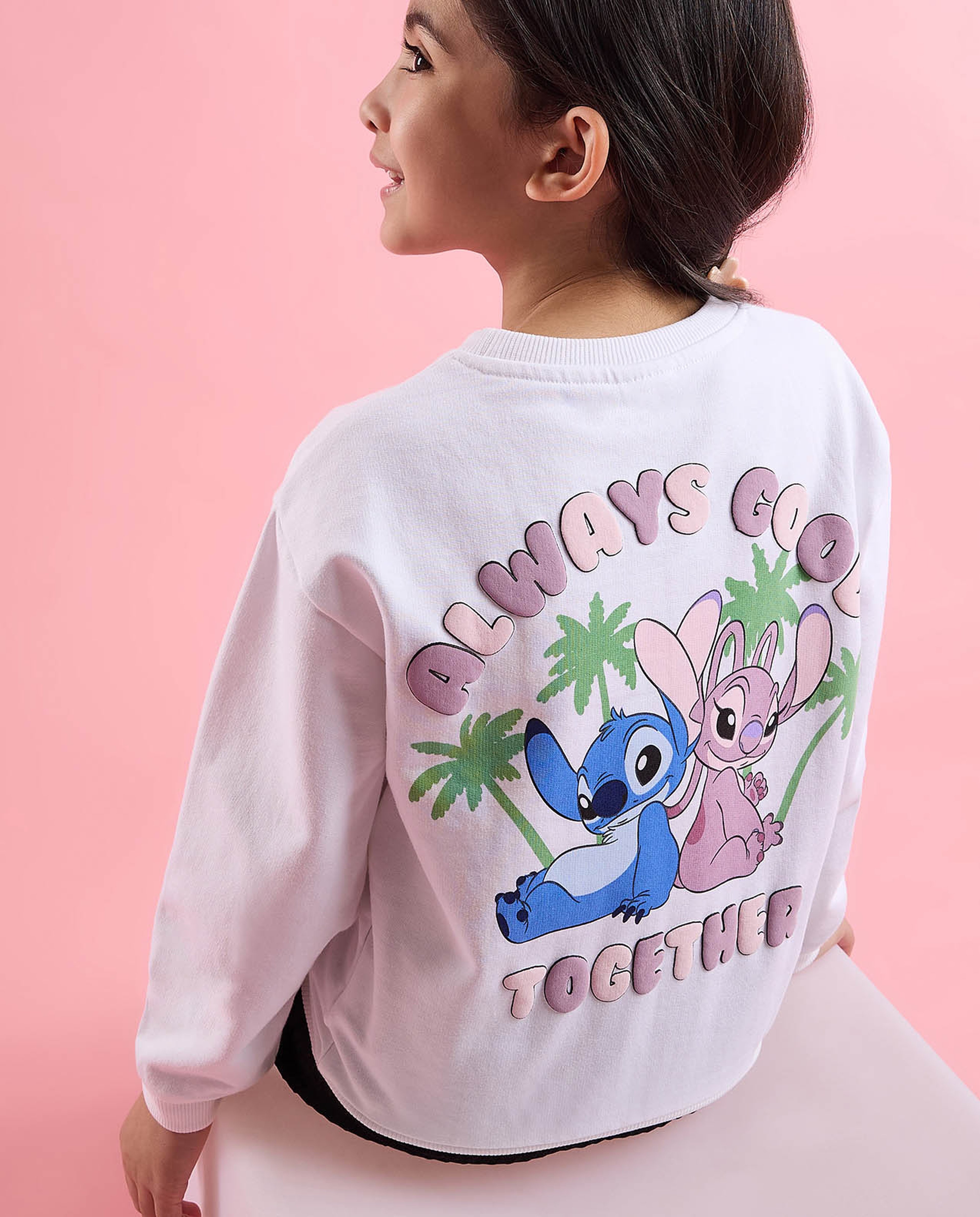 Stitch Printed Sweatshirt with Crew Neck and Long Sleeves
