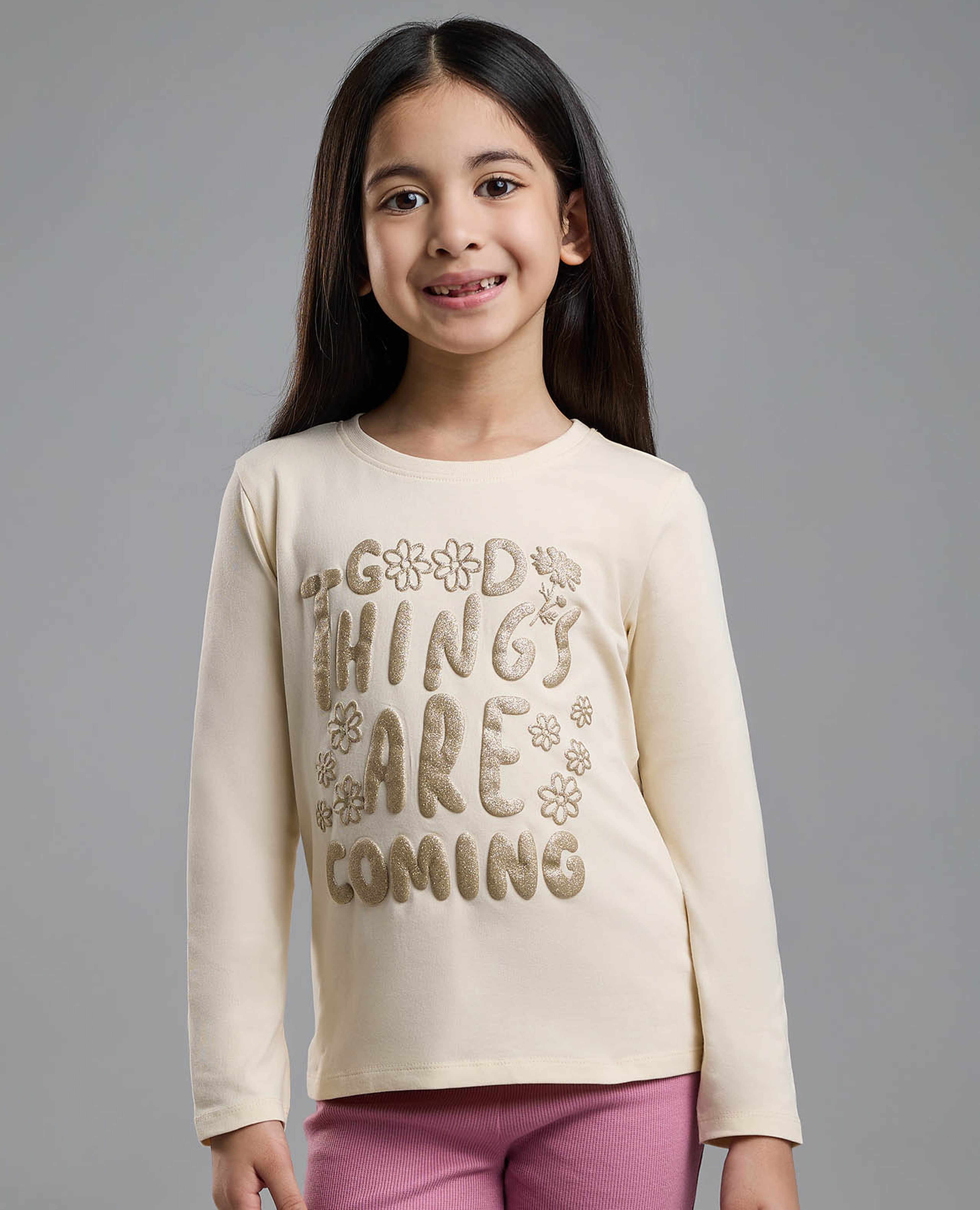 Typography Print T-Shirt with Crew Neck and Long Sleeves