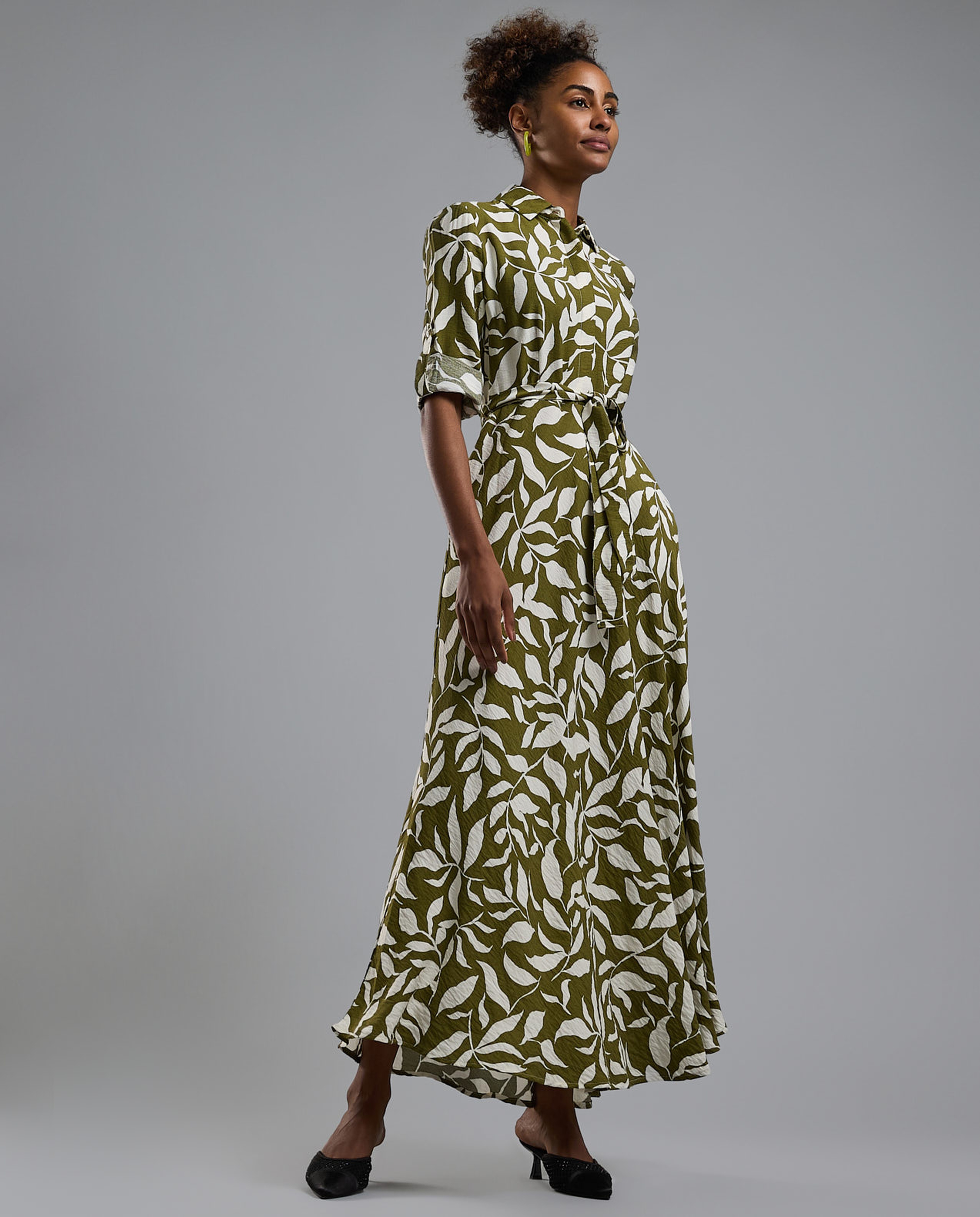 Printed Shirt Dress with Short Sleeves