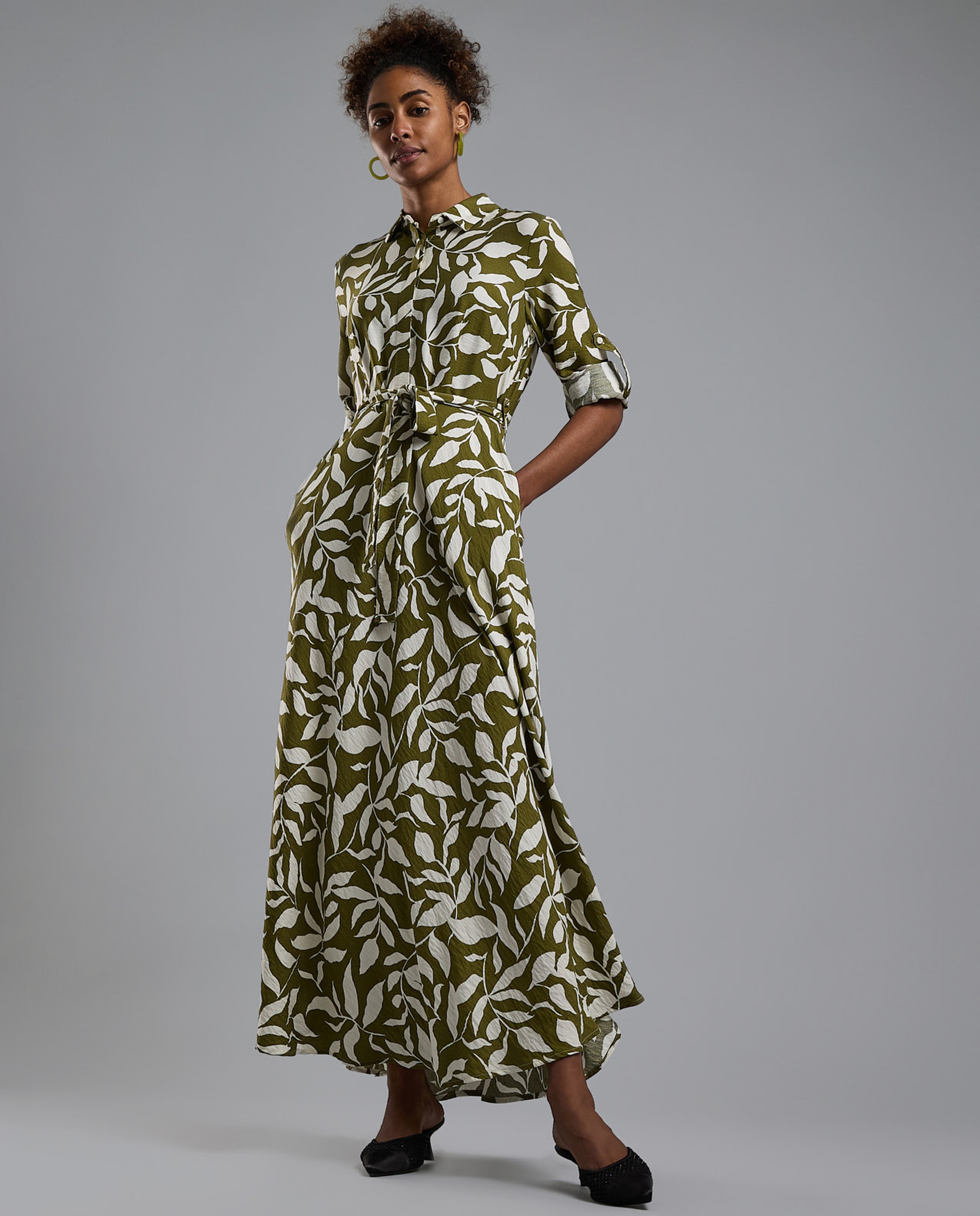 Printed Shirt Dress with Short Sleeves