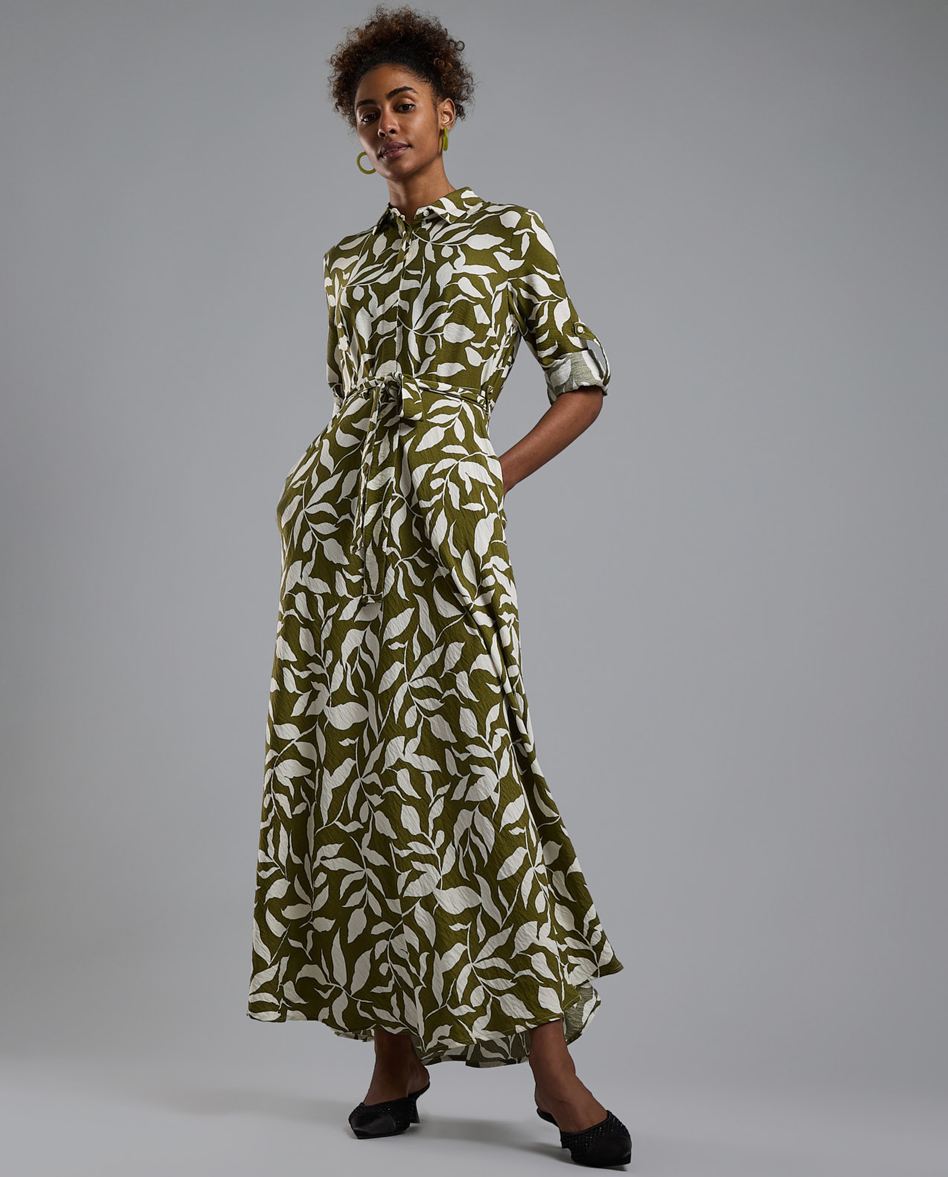 Printed Shirt Dress with Short Sleeves