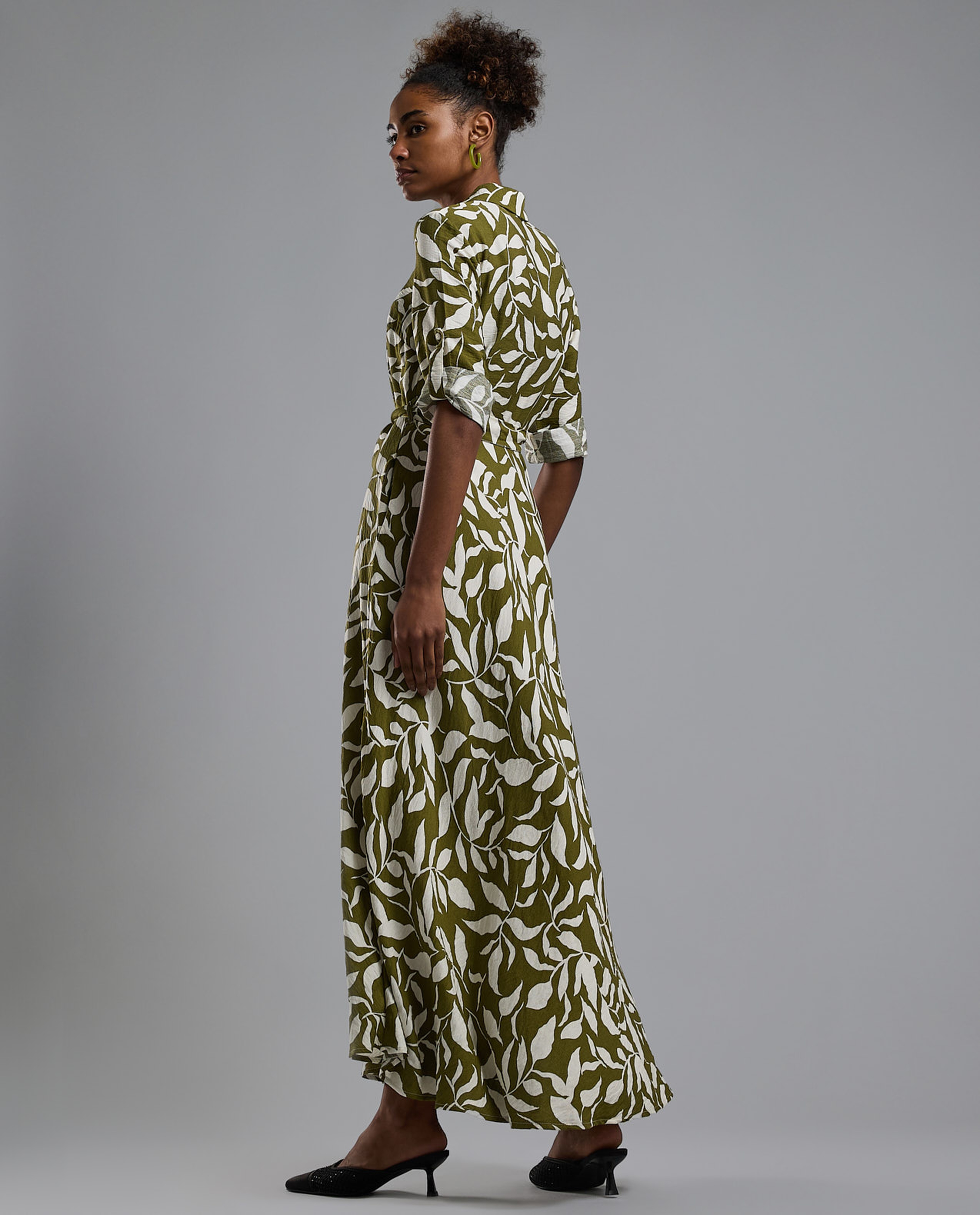 Printed Shirt Dress with Short Sleeves