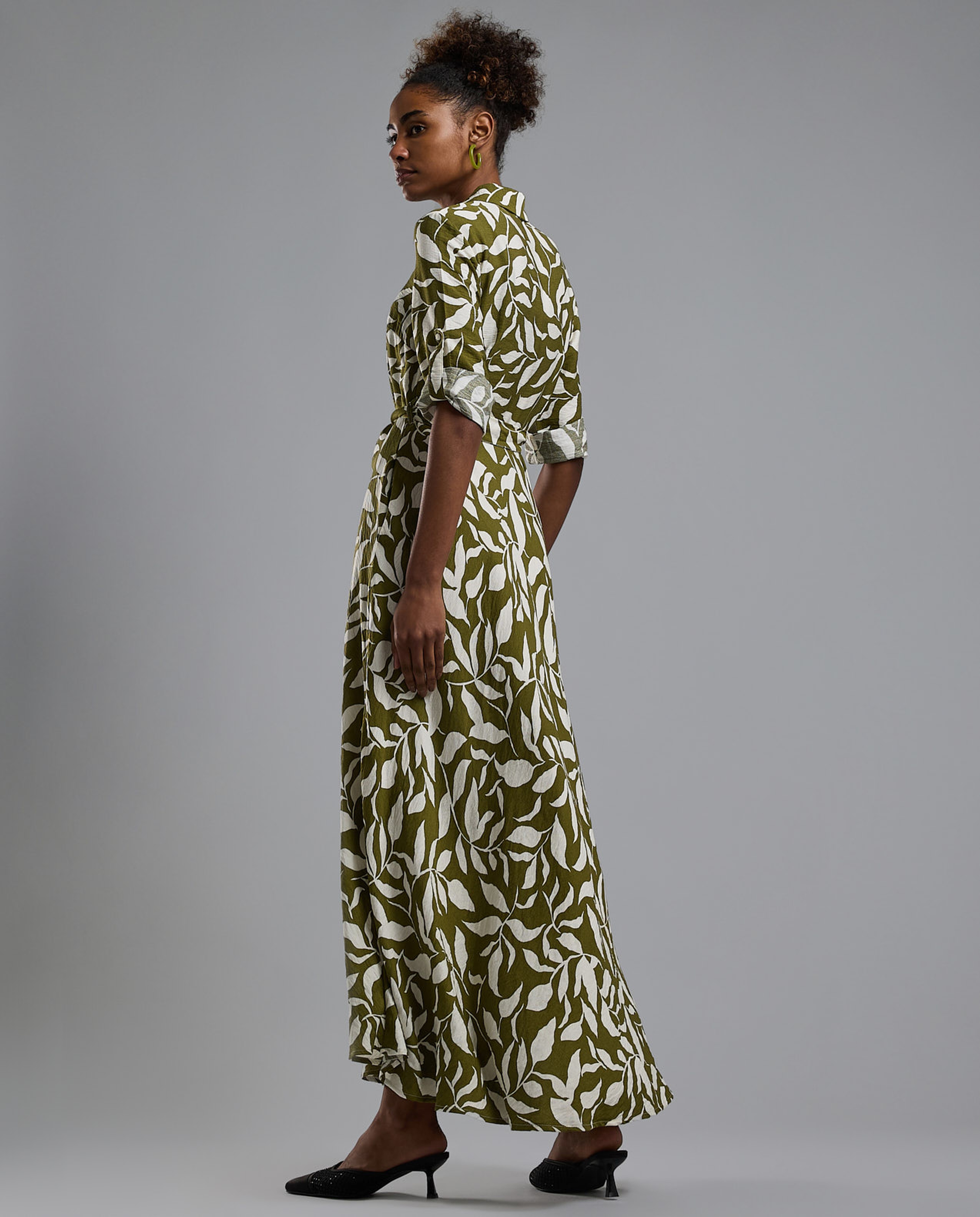 Printed Shirt Dress with Short Sleeves