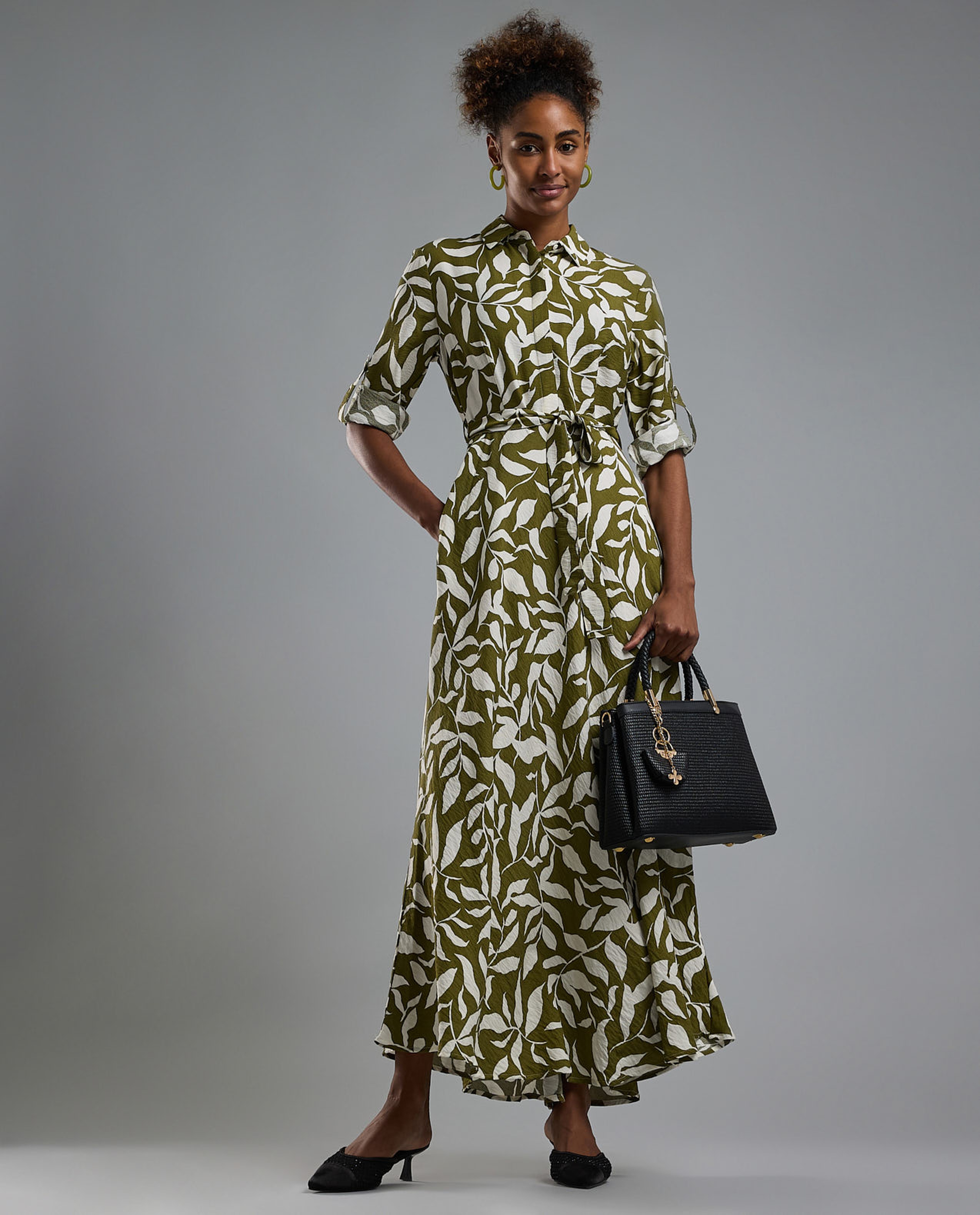 Printed Shirt Dress with Short Sleeves