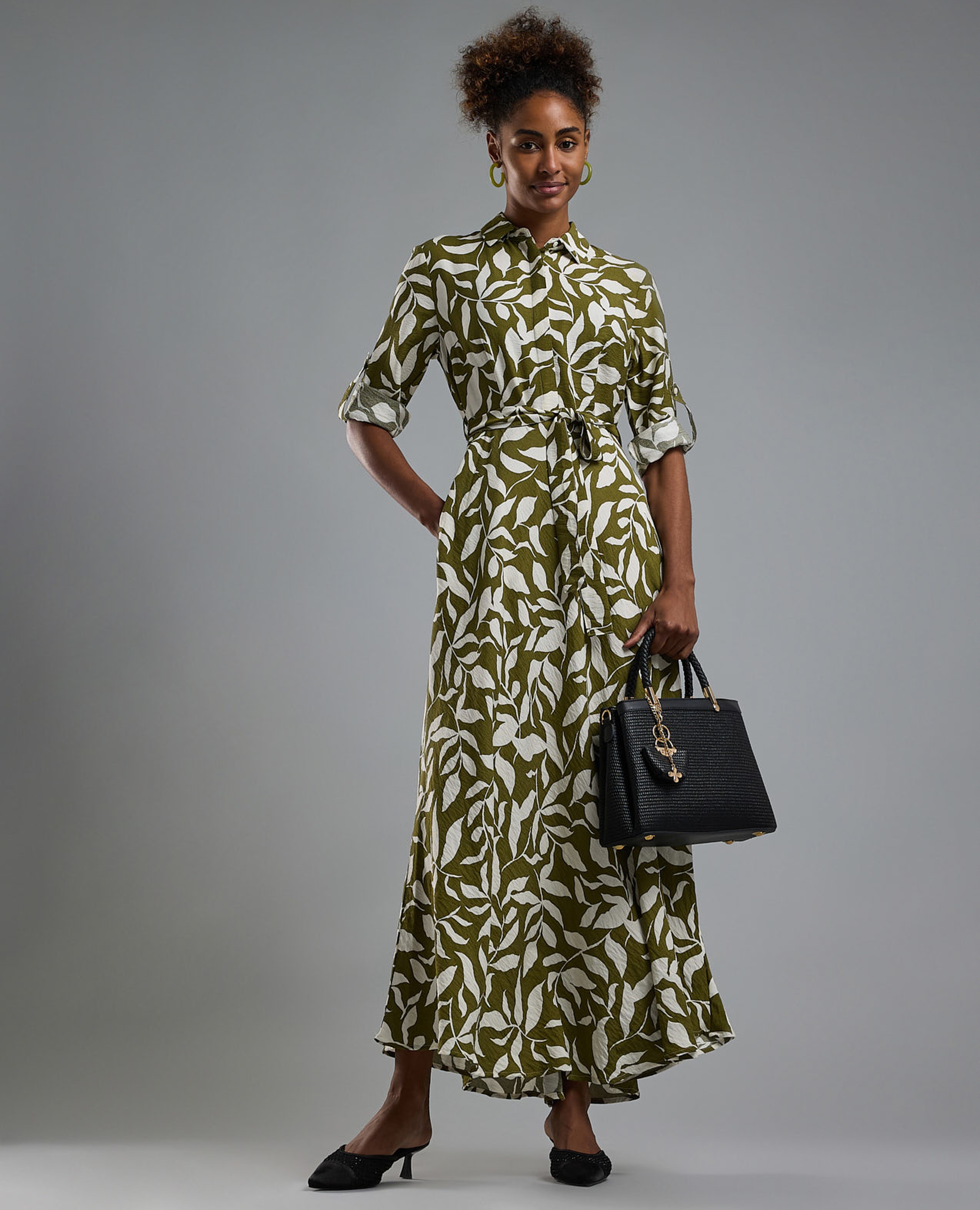 فستان قميص بكم قصير وطبعة