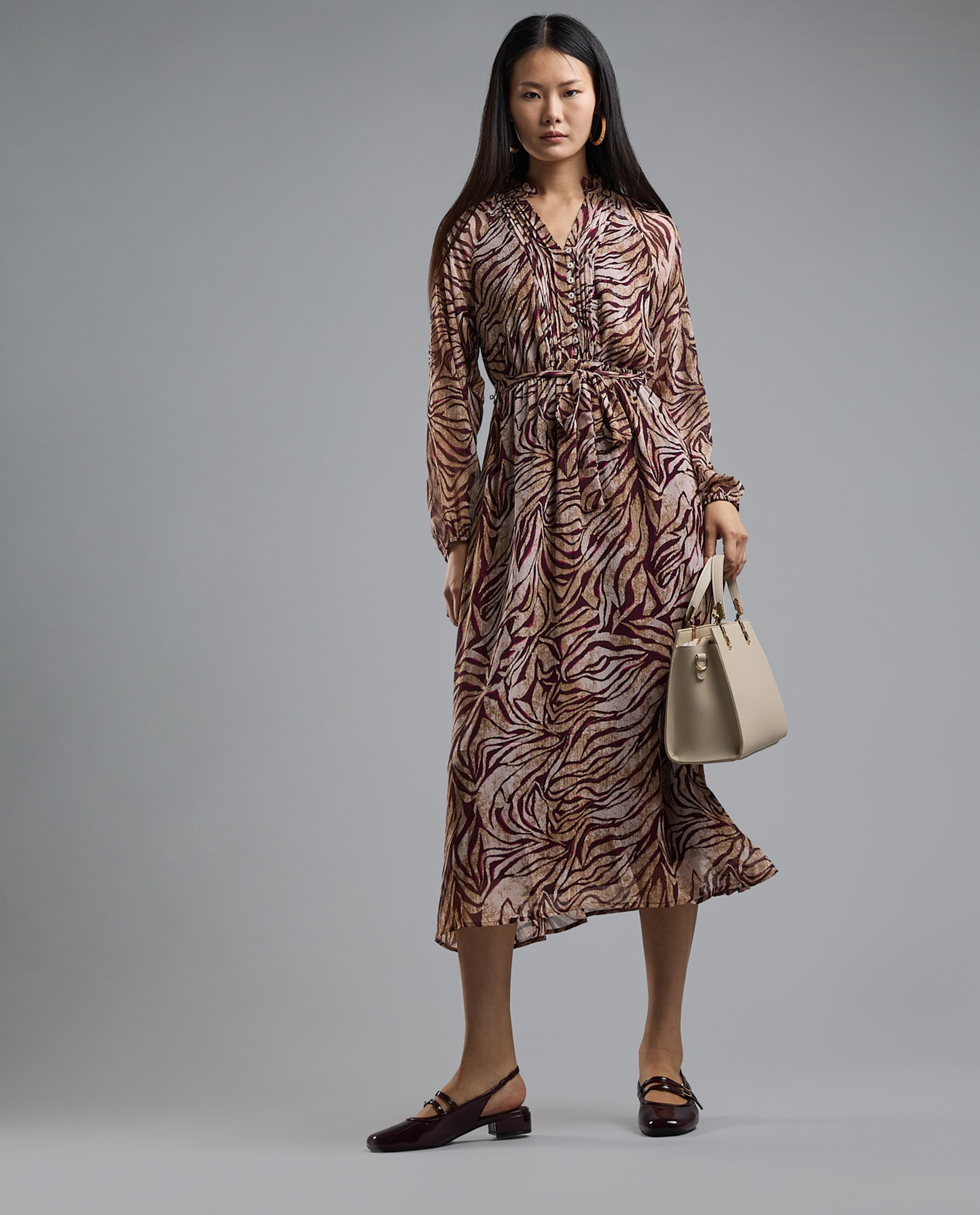 Patterned Midi Dress with Stand Collar and Long Sleeves