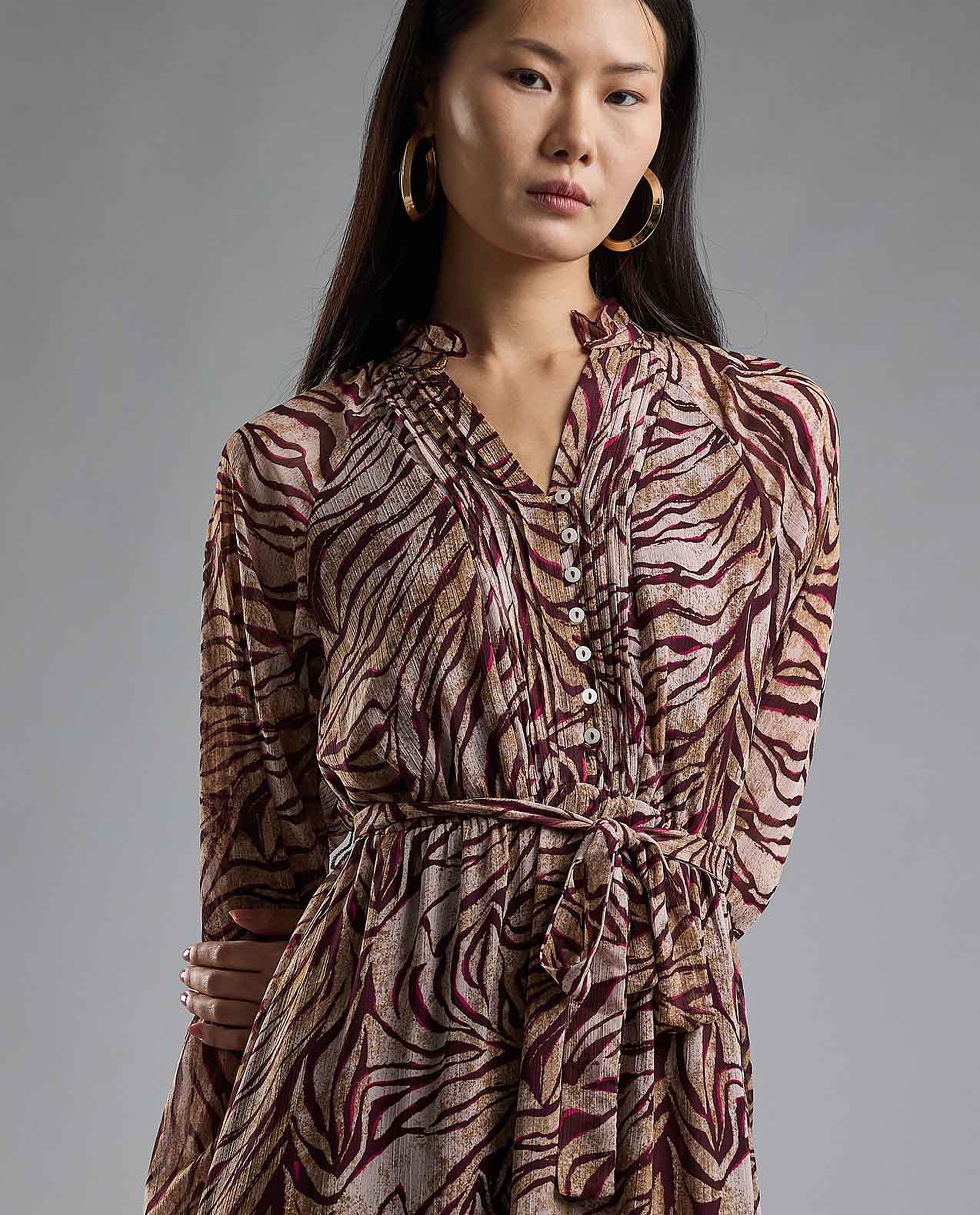Patterned Midi Dress with Stand Collar and Long Sleeves