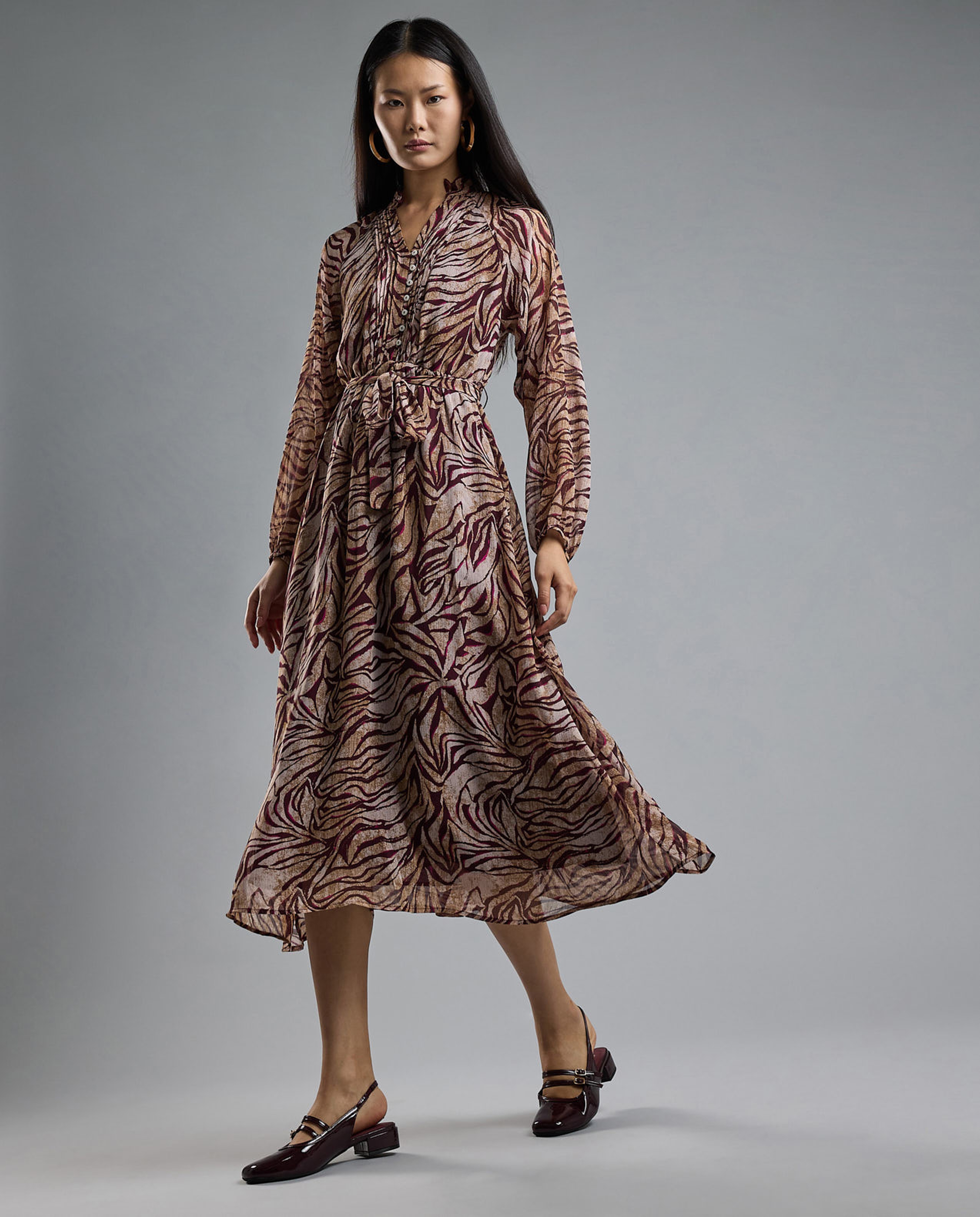 Patterned Midi Dress with Stand Collar and Long Sleeves