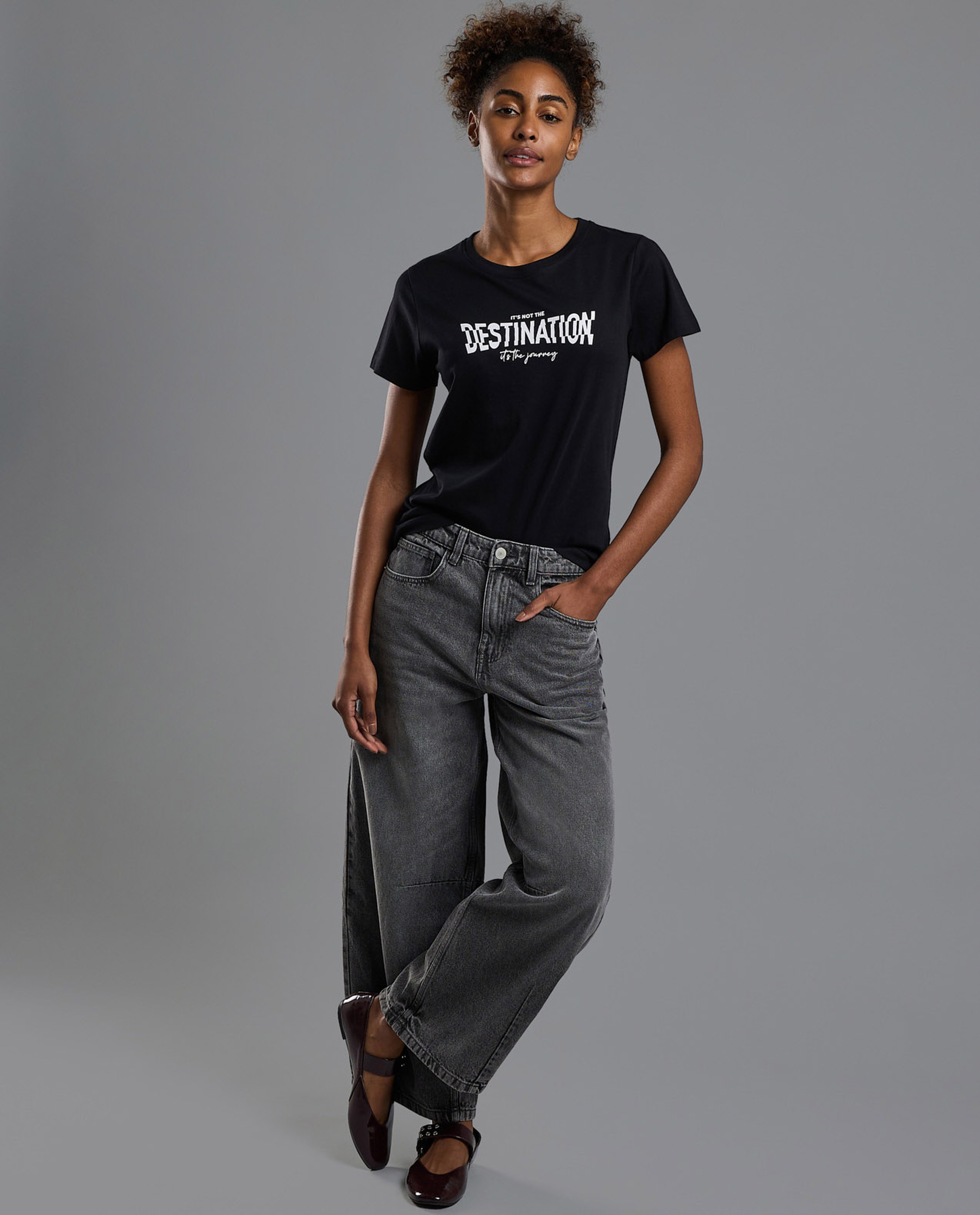 Typography Print T-Shirt with Crew Neck and Short Sleeves