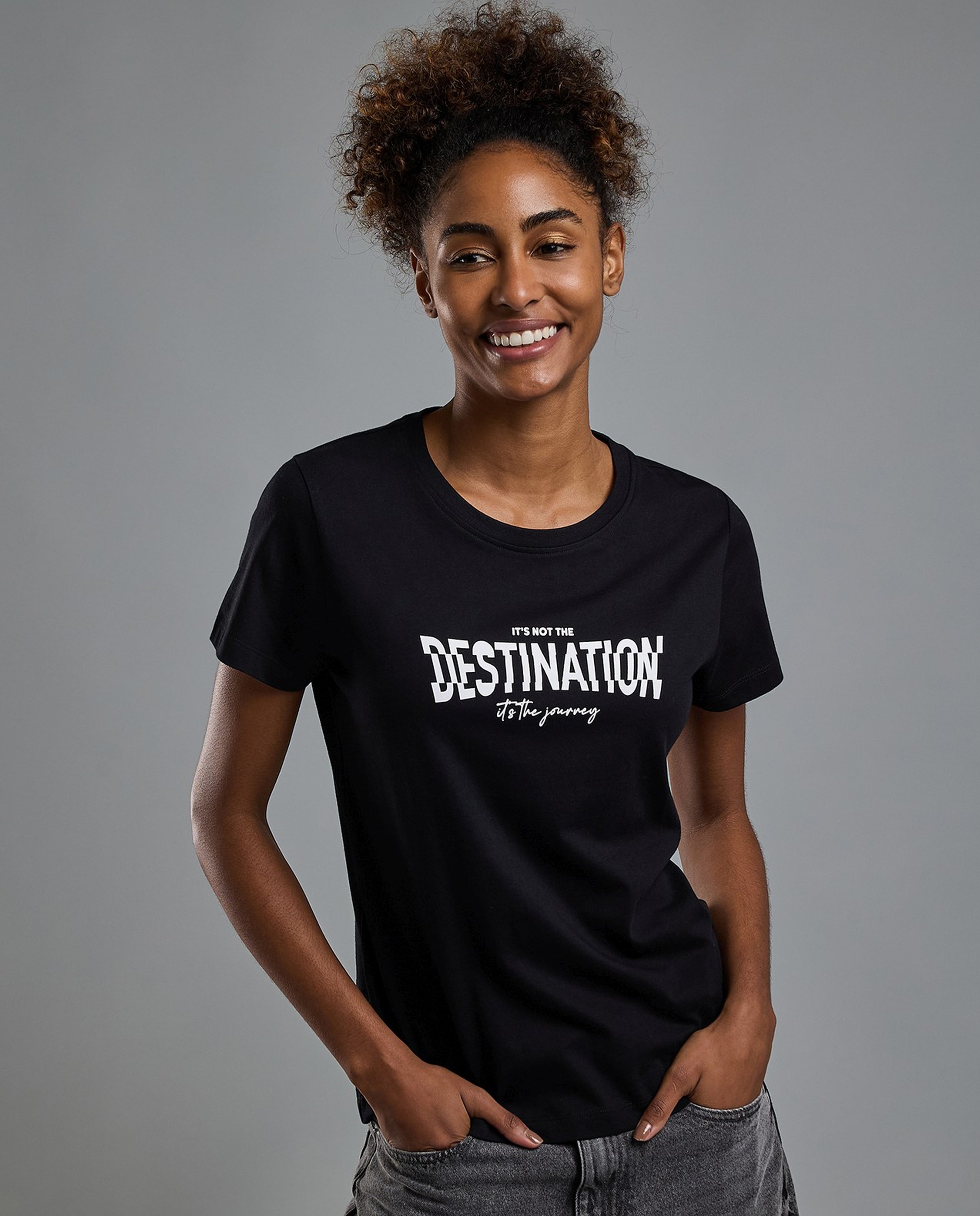 Typography Print T-Shirt with Crew Neck and Short Sleeves