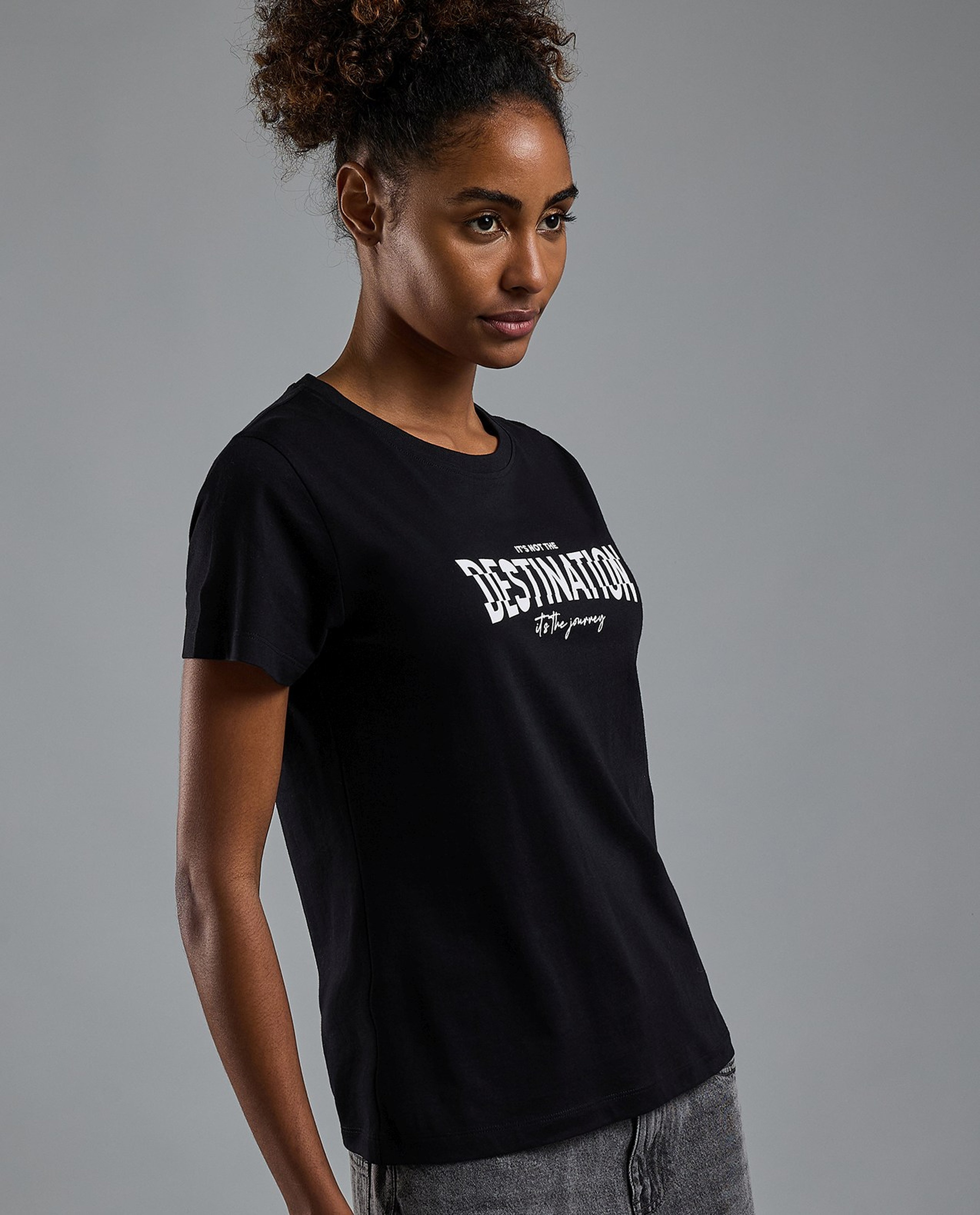 Typography Print T-Shirt with Crew Neck and Short Sleeves