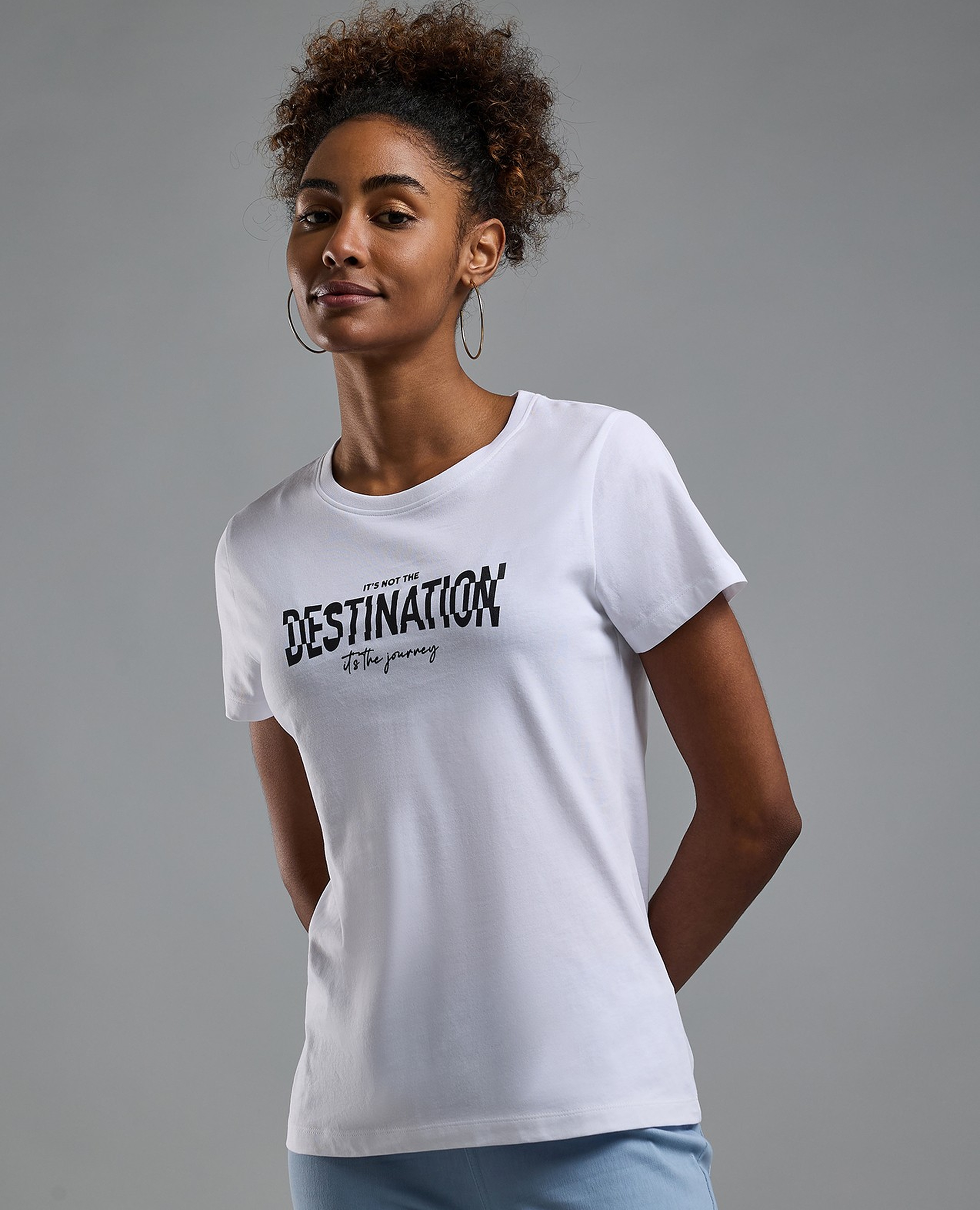 Typography Print T-Shirt with Crew Neck and Short Sleeves