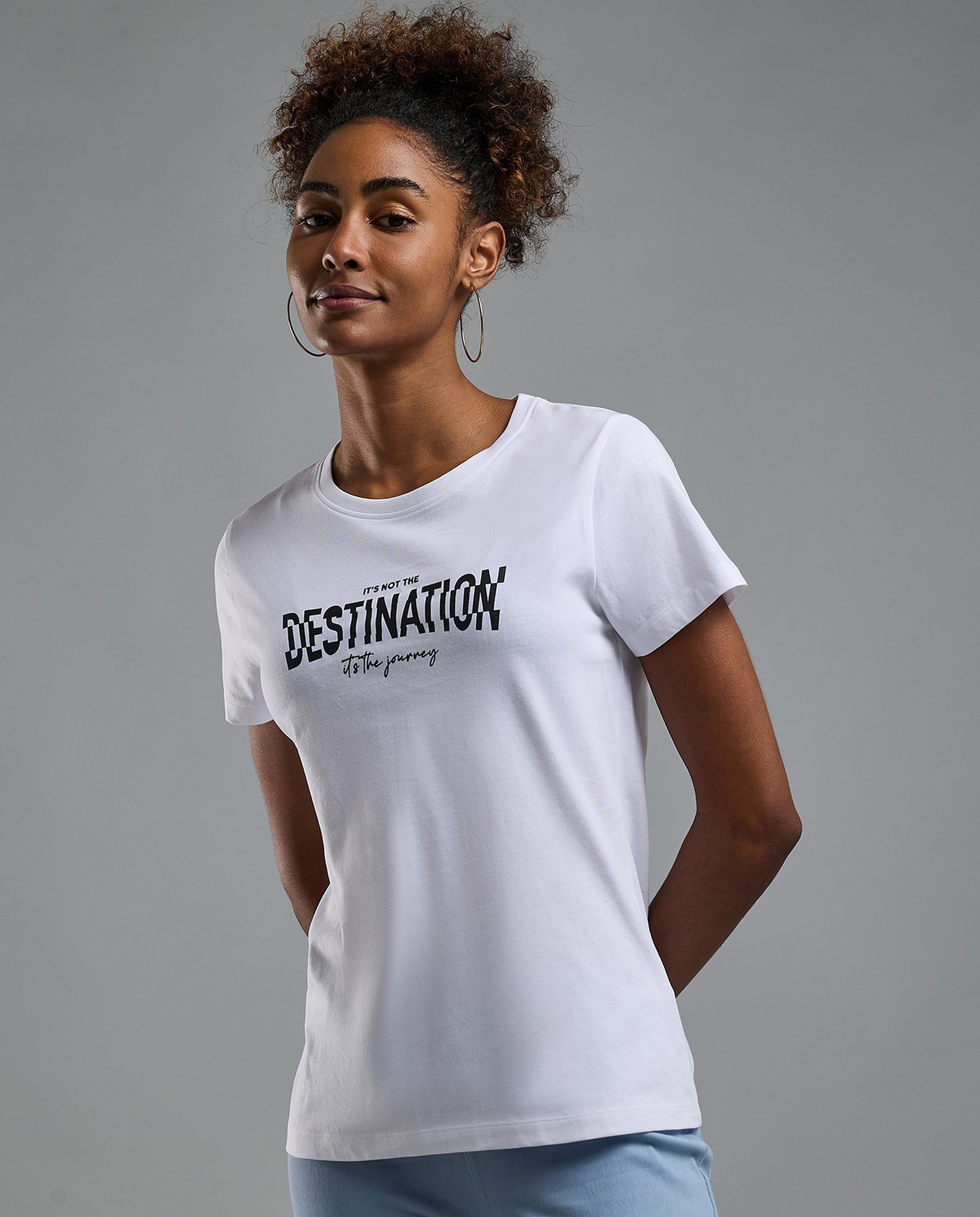 Typography Print T-Shirt with Crew Neck and Short Sleeves