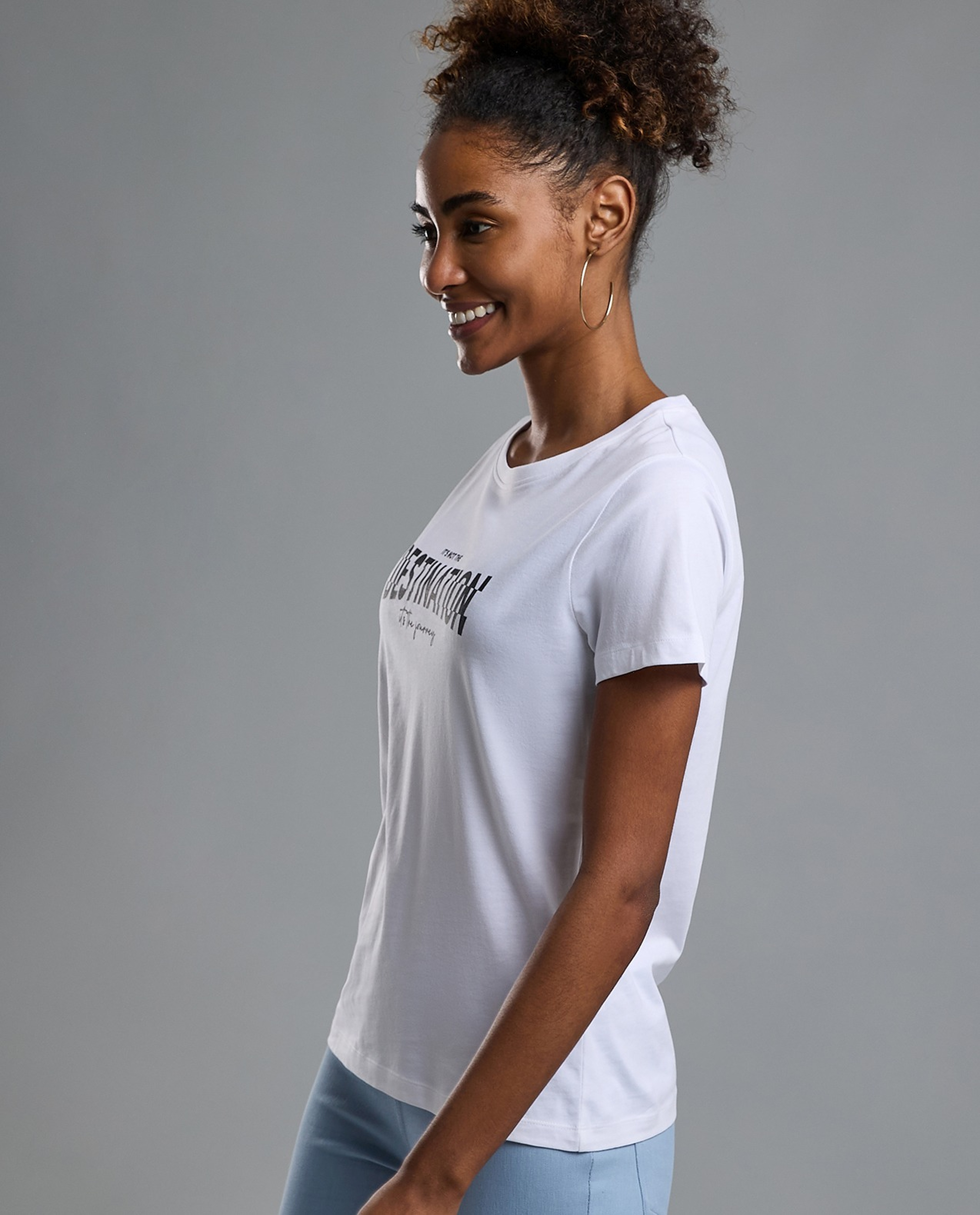 Typography Print T-Shirt with Crew Neck and Short Sleeves