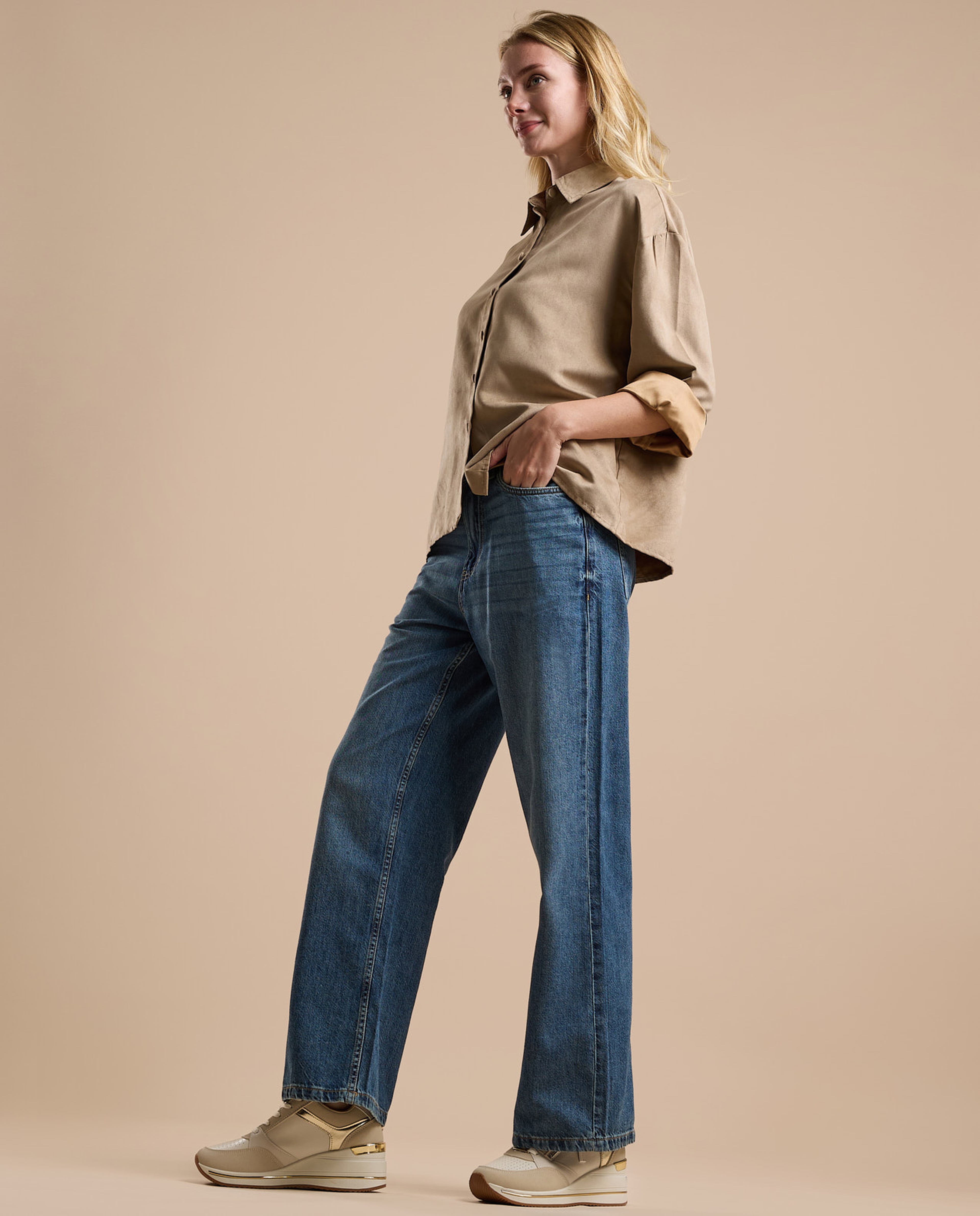 Faded Baggy Jeans with Button Closure