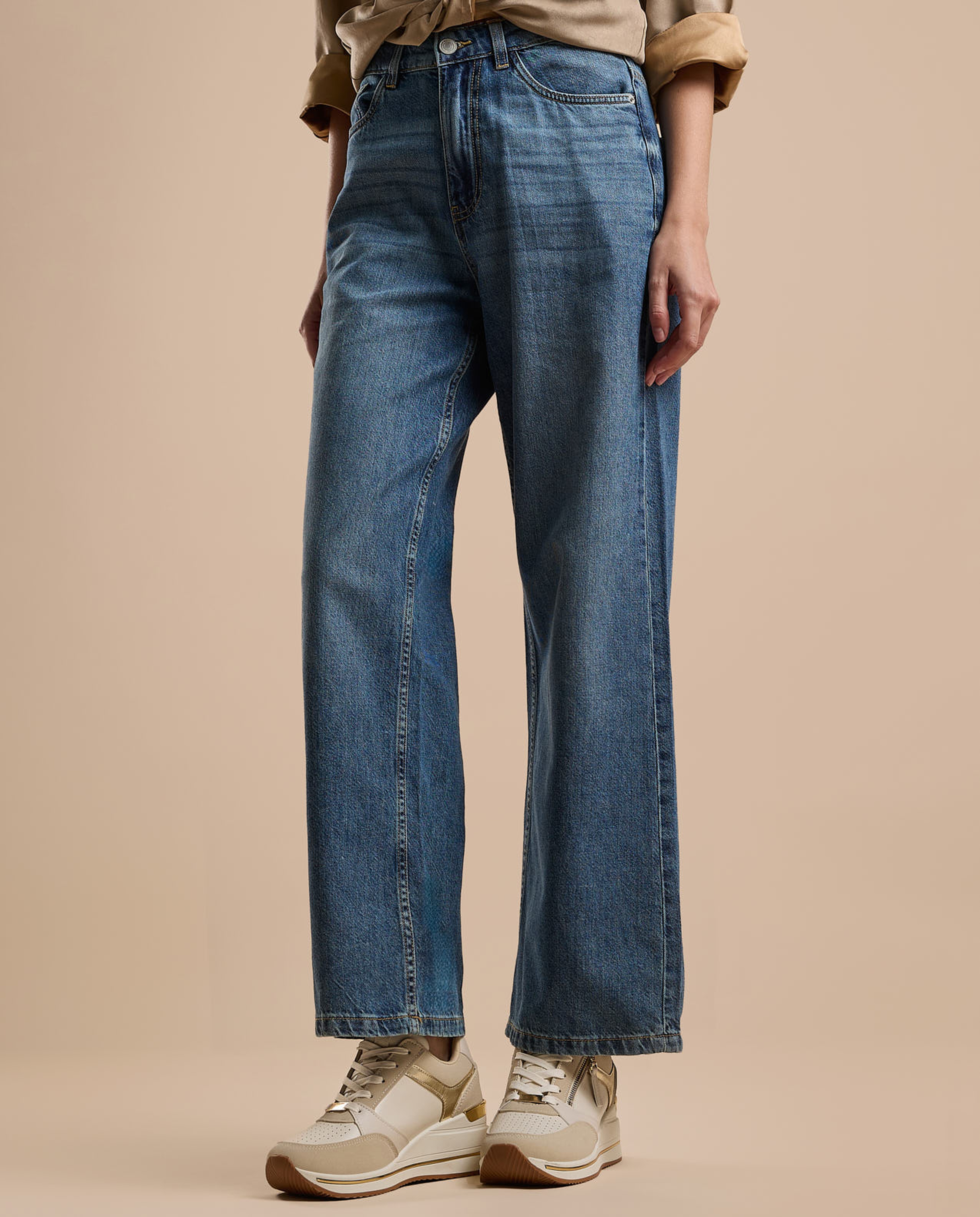 Faded Baggy Jeans with Button Closure