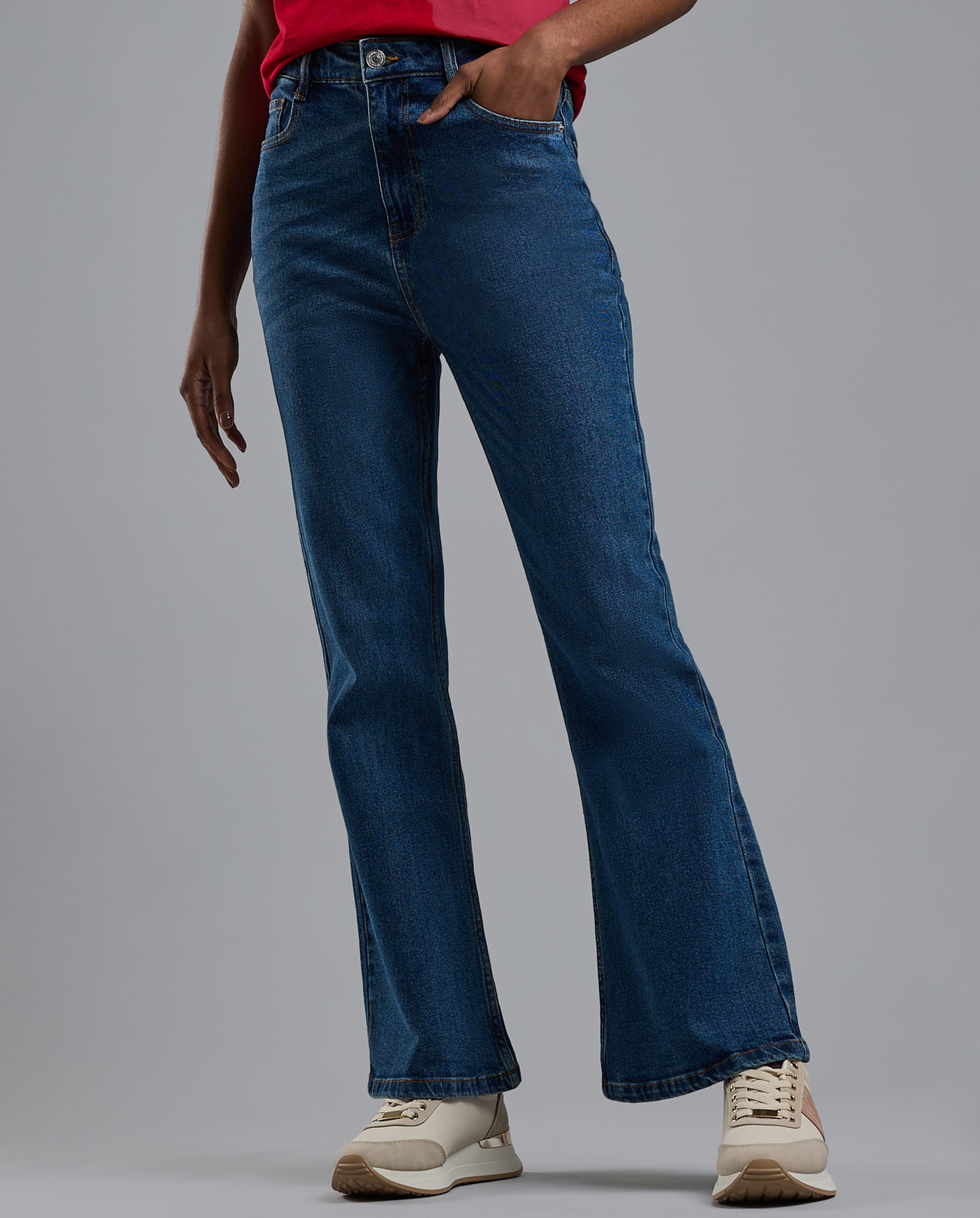 Washed Flared Jeans with Button Closure