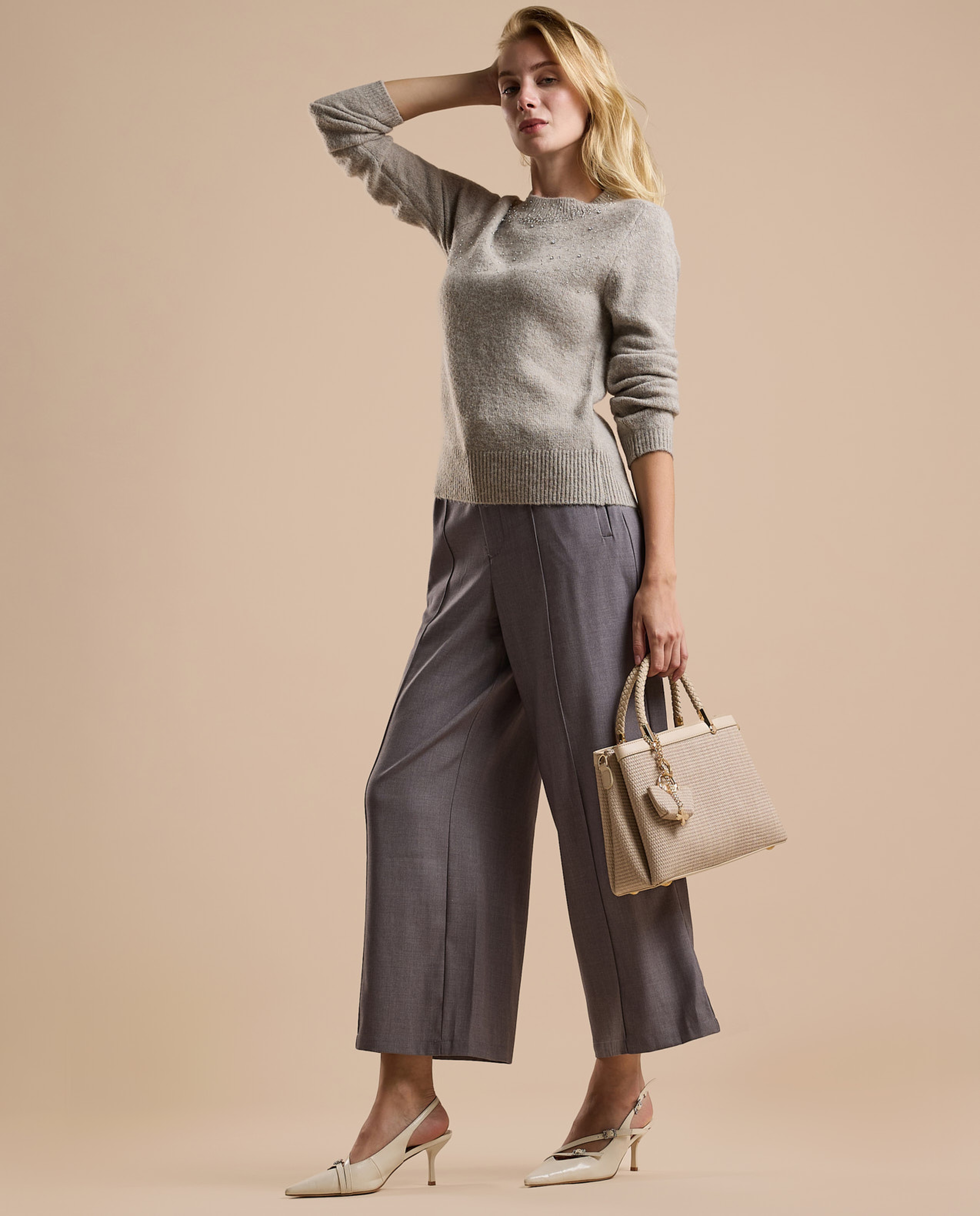 Embellished Sweater with Crew Neck and Long Sleeves