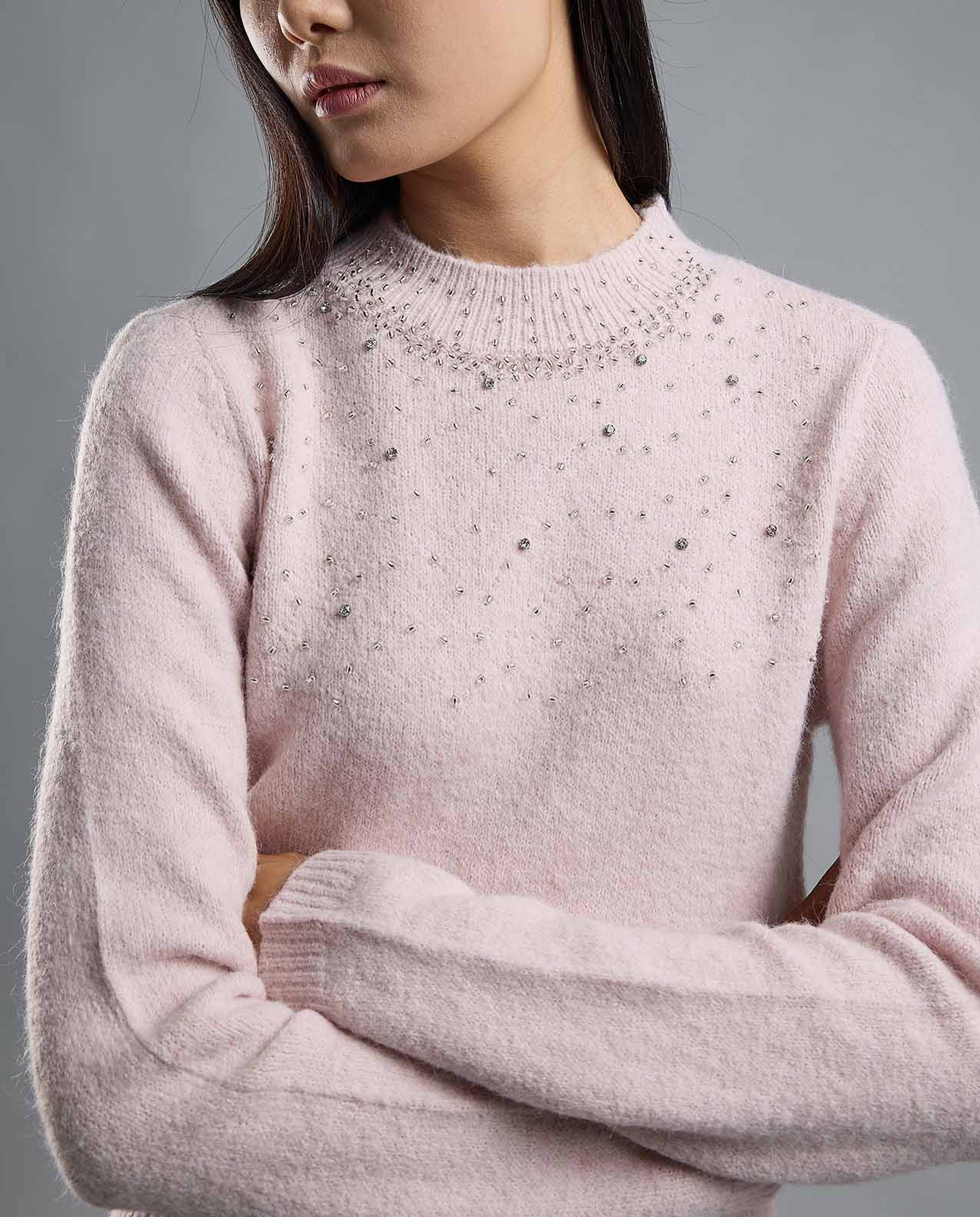 Embellished Sweater with Crew Neck and Long Sleeves