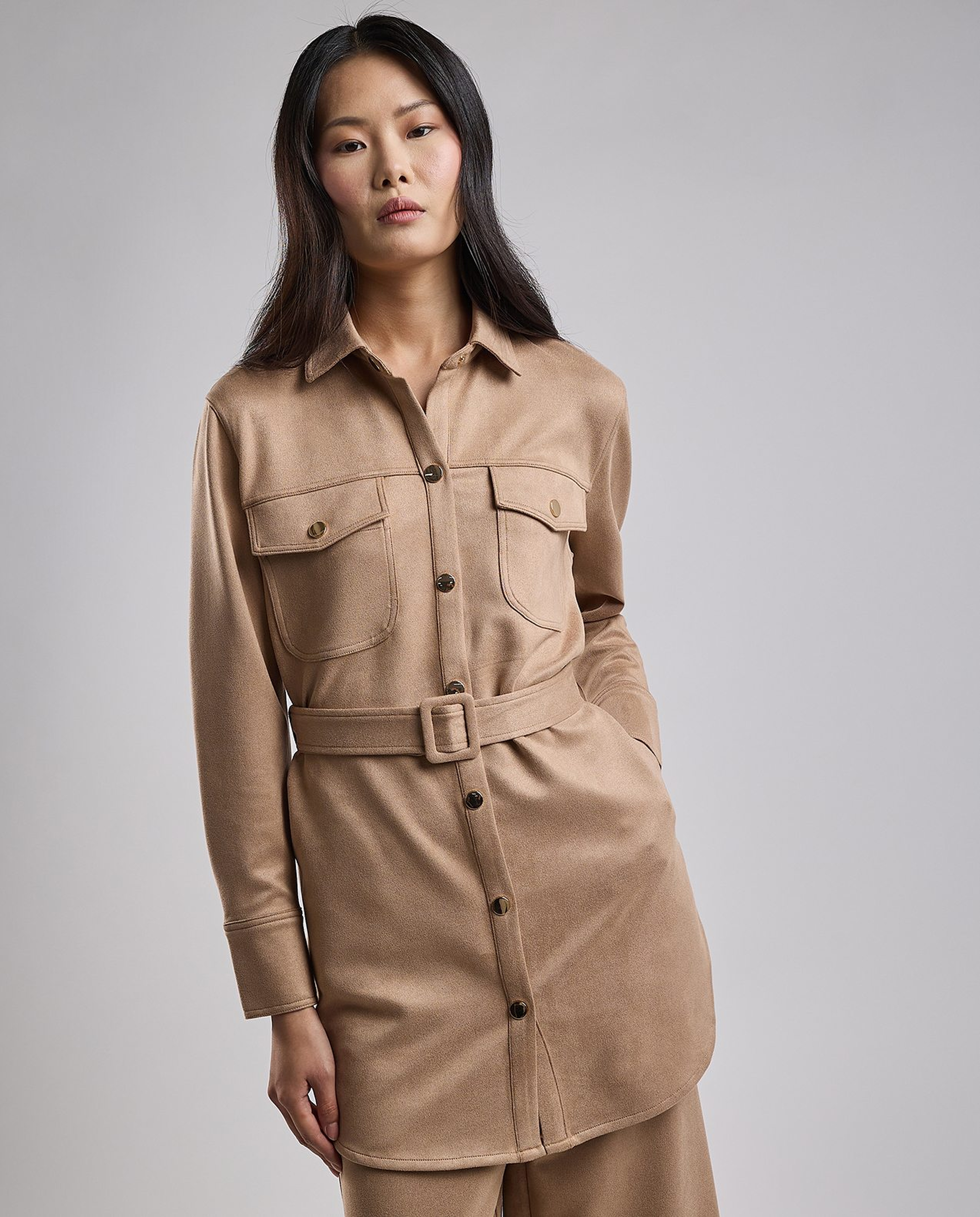 Solid Belted Shirt Tunic with Long Sleeves