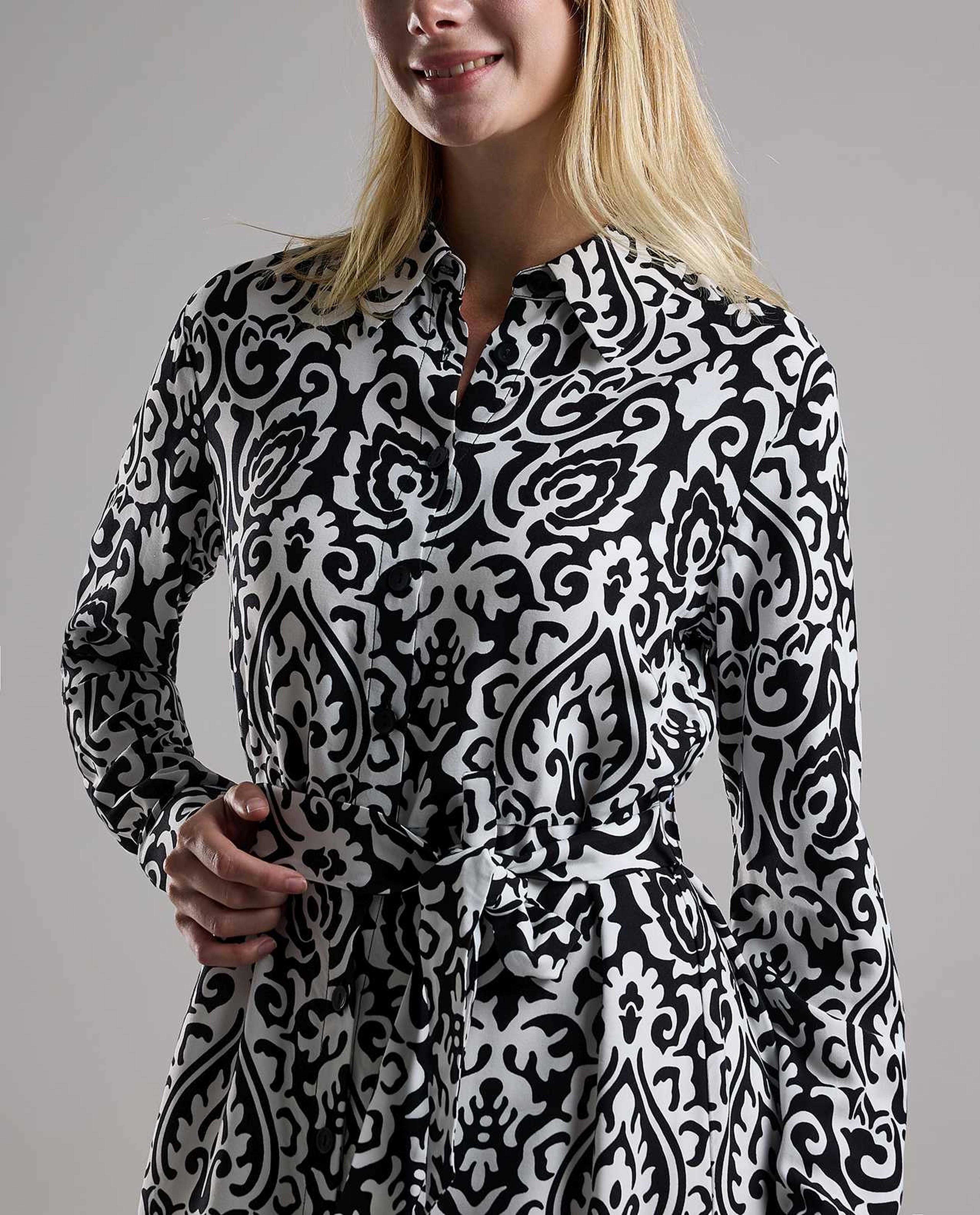 Patterned Shirt Dress with Long Sleeves