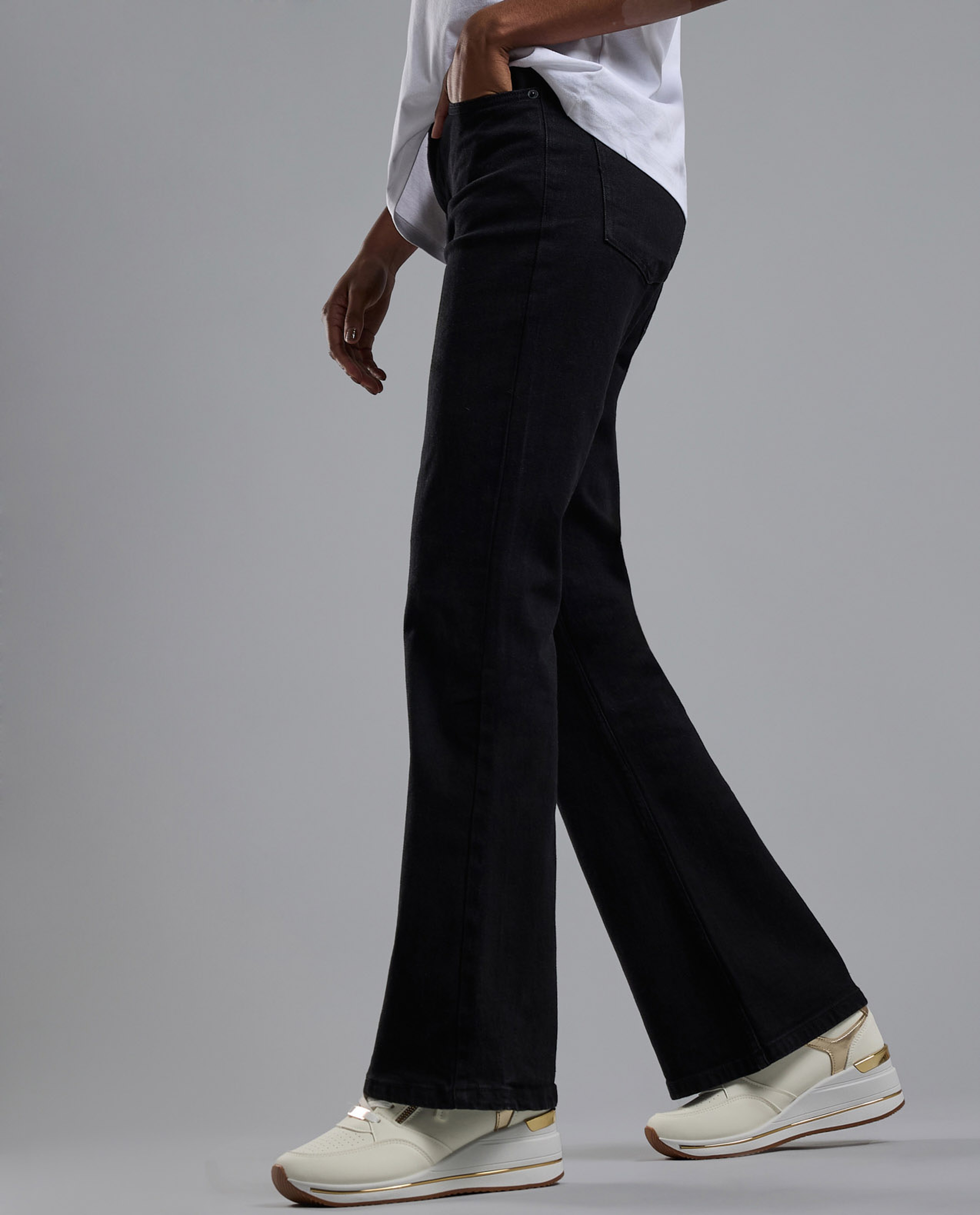 Solid Flared Jeans with Button Closure