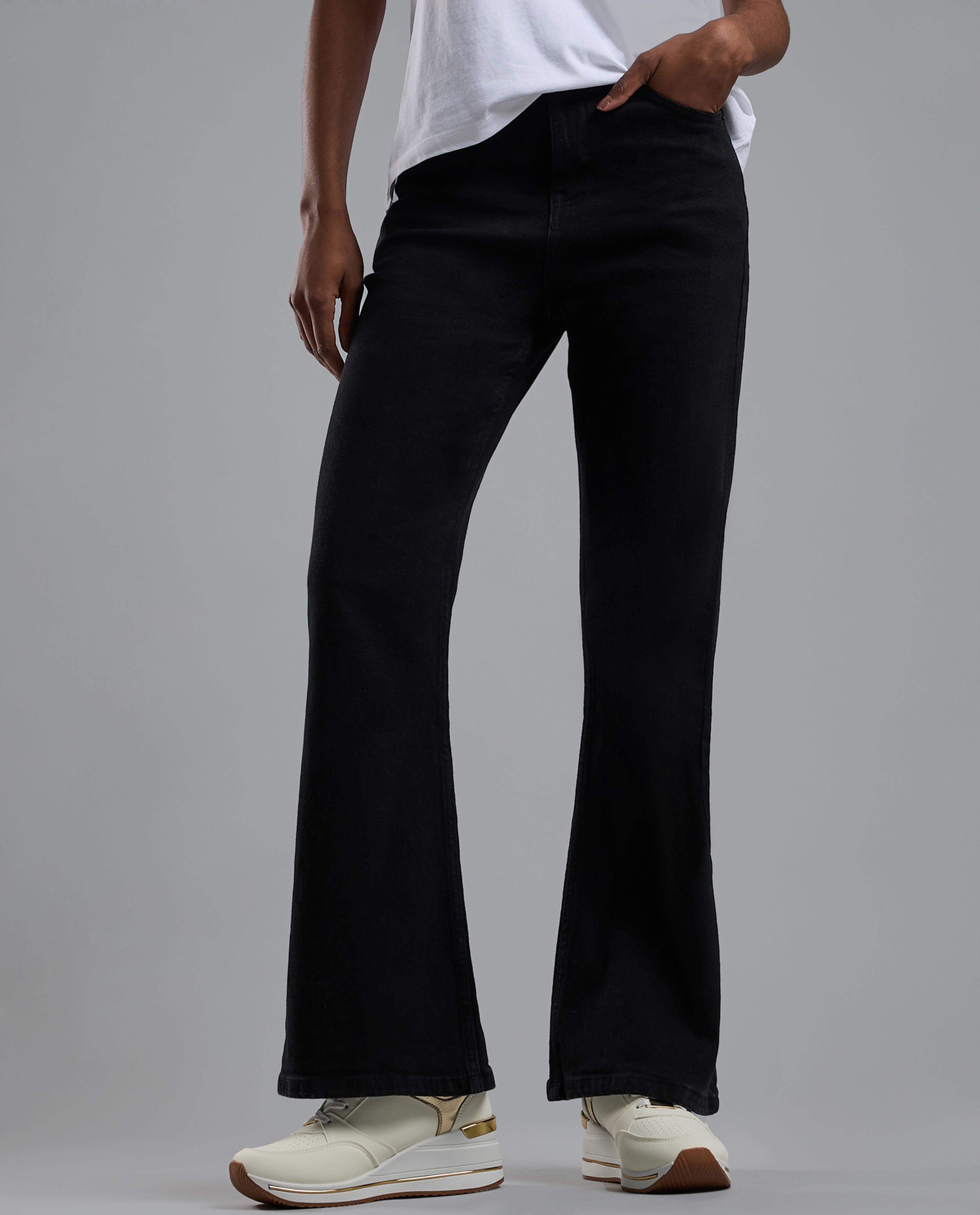Solid Flared Jeans with Button Closure