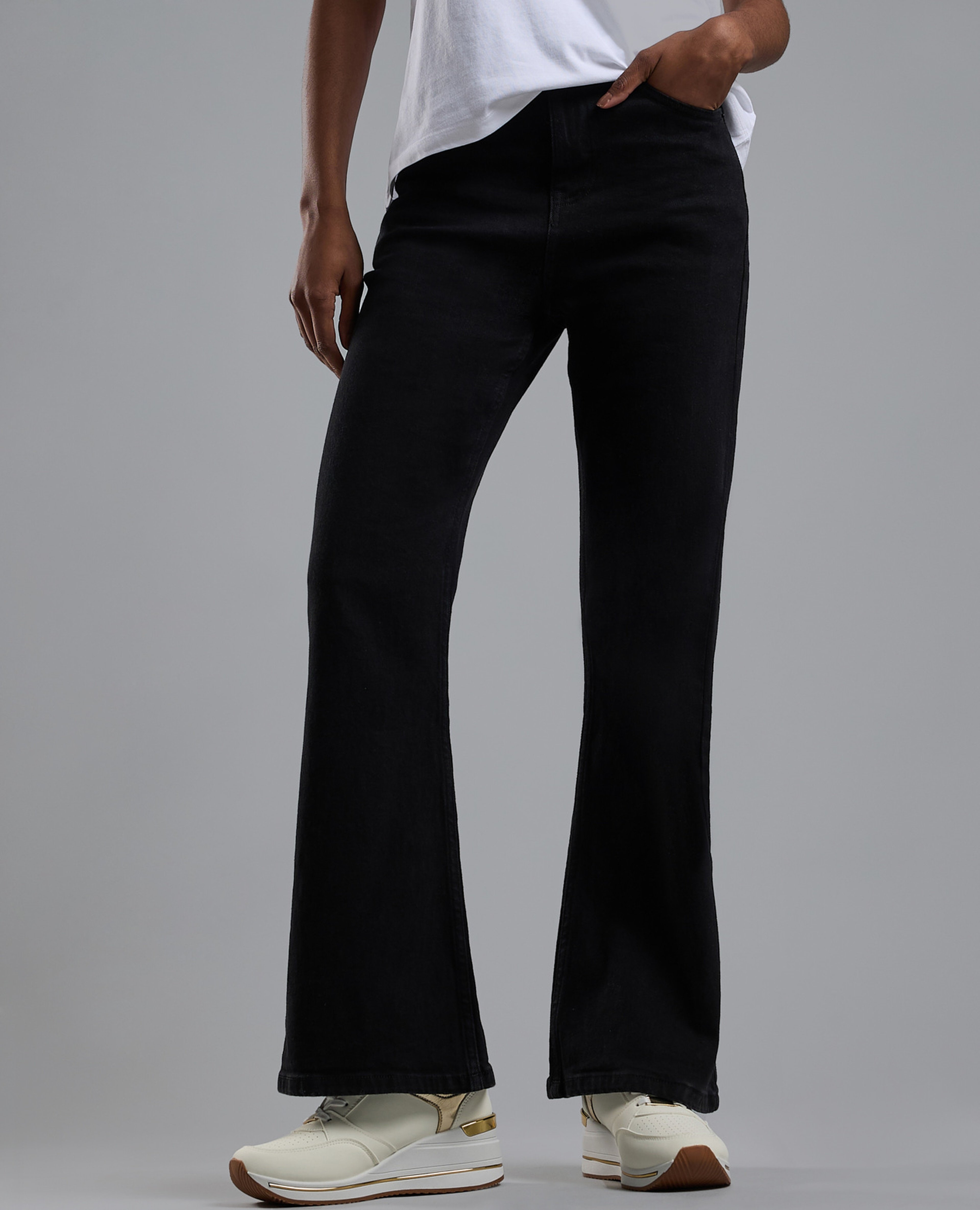 Solid Flared Jeans with Button Closure