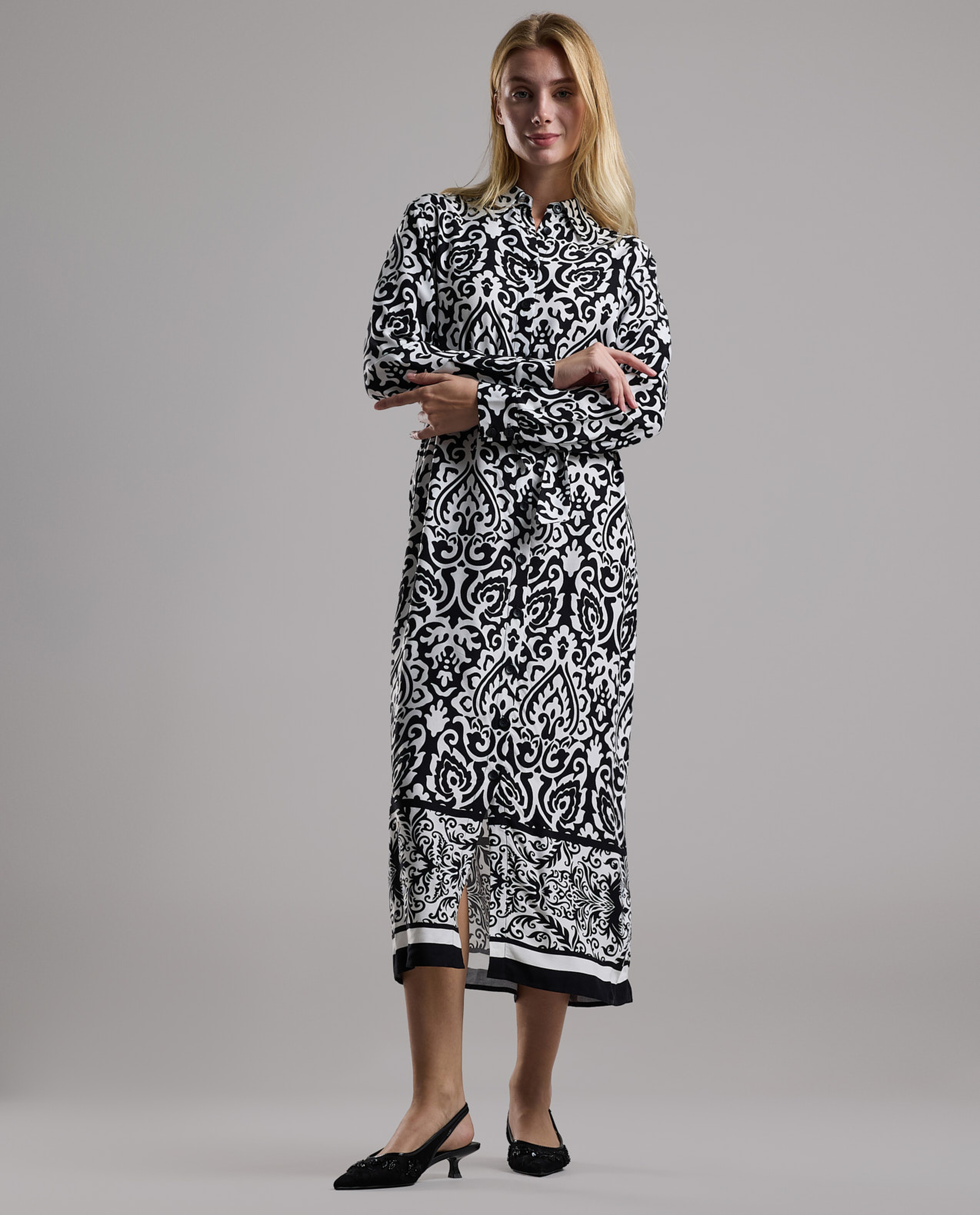 Patterned Shirt Dress with Long Sleeves