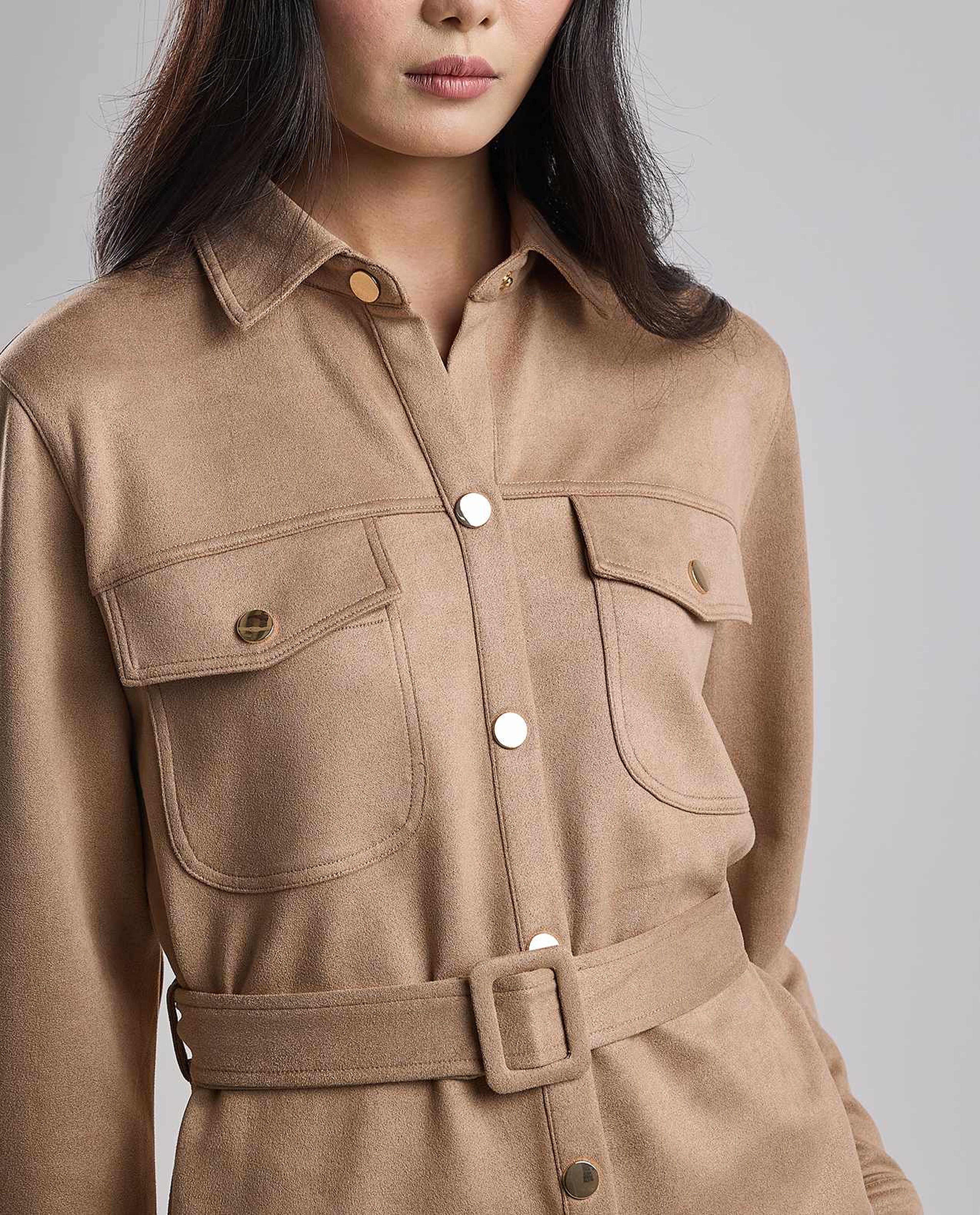 Solid Belted Shirt Tunic with Long Sleeves