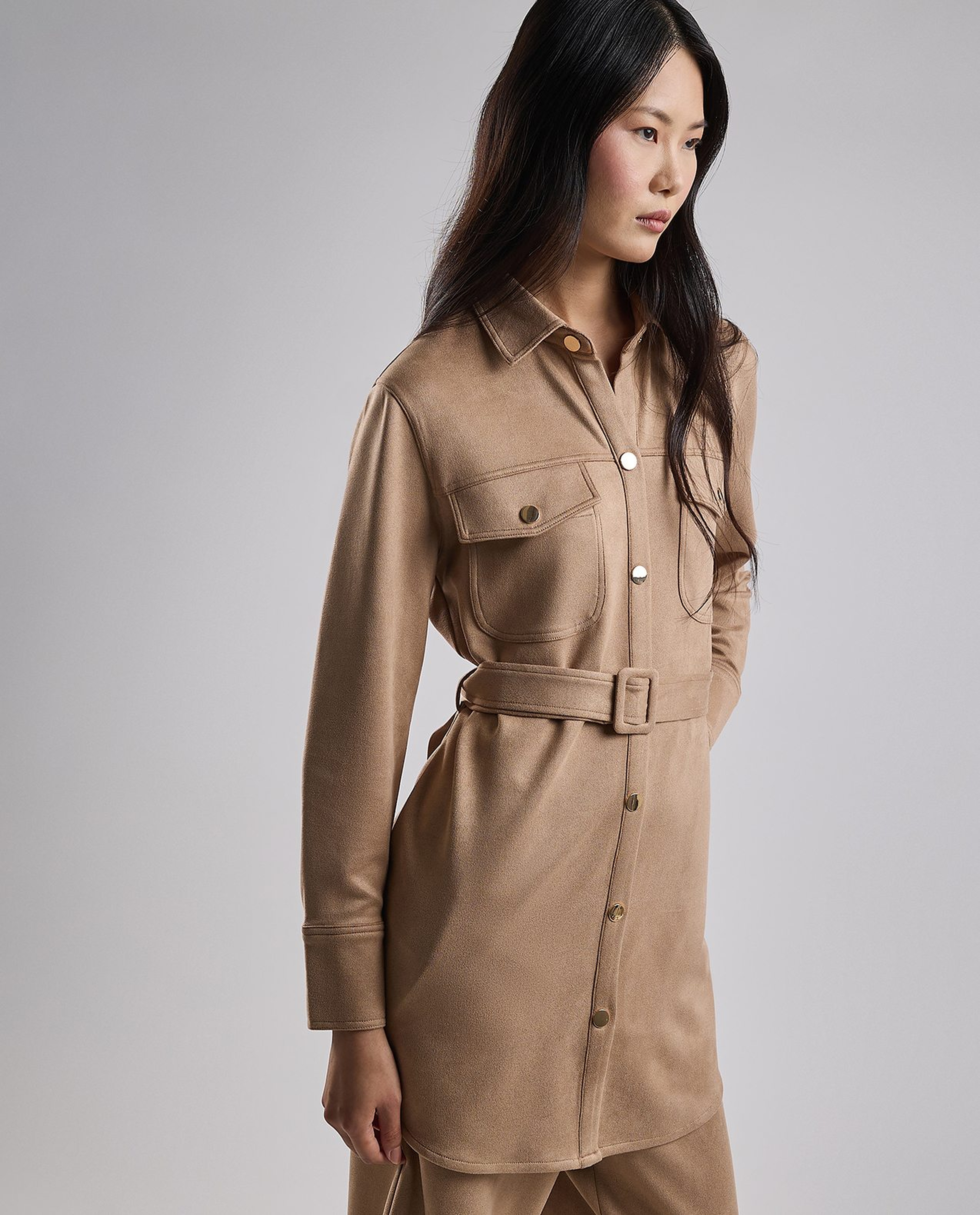 Solid Belted Shirt Tunic with Long Sleeves