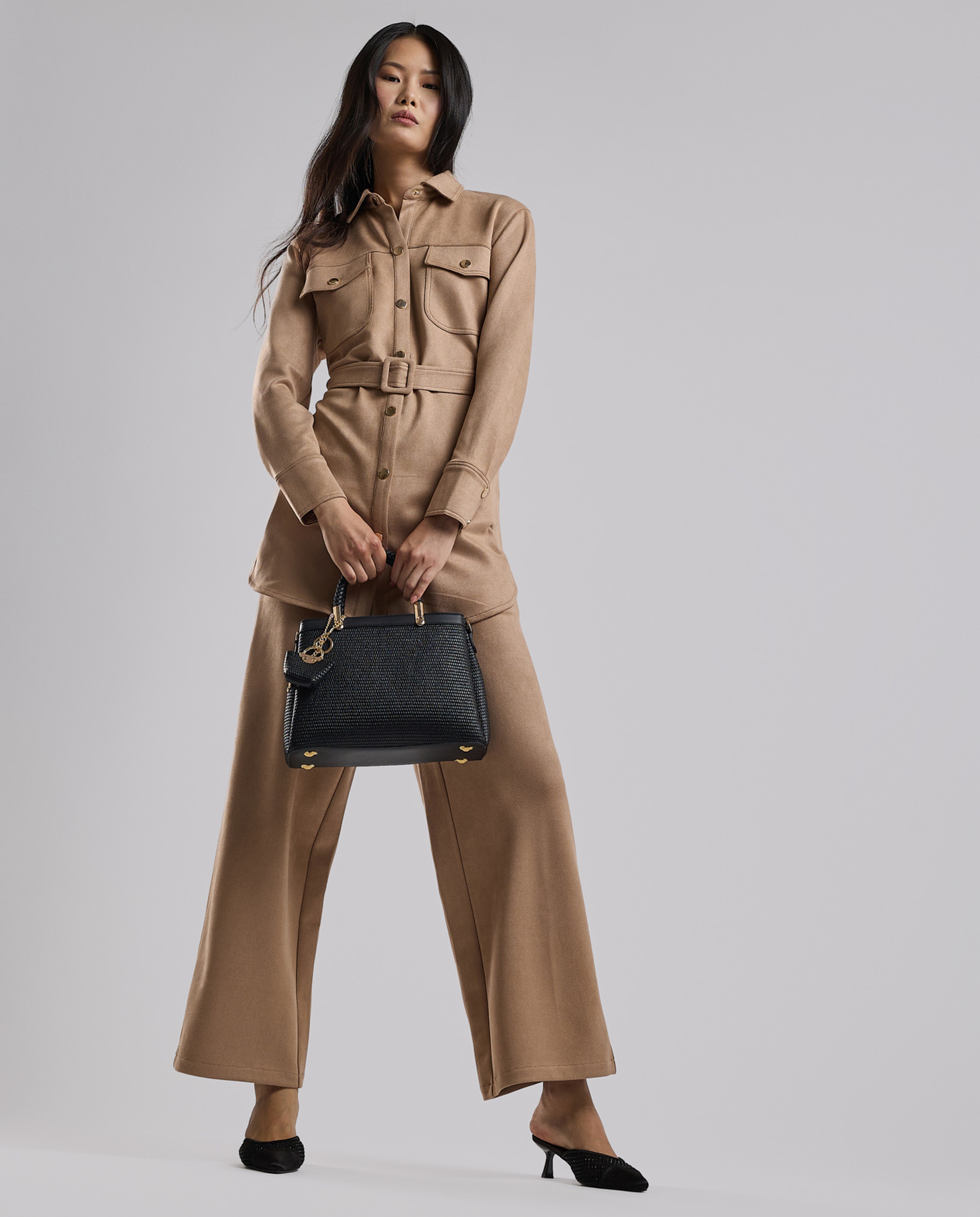 Solid Belted Shirt Tunic with Long Sleeves