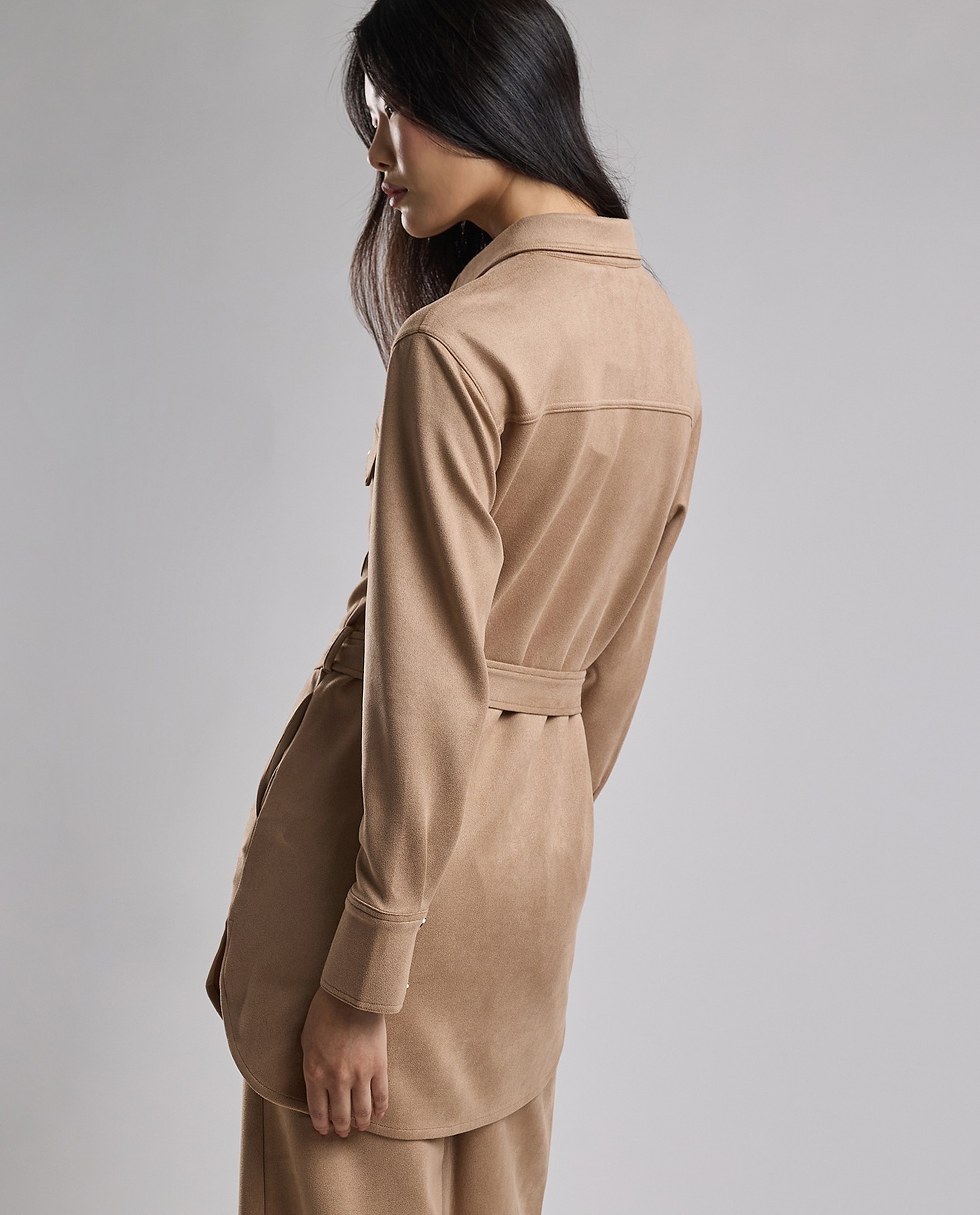 Solid Belted Shirt Tunic with Long Sleeves