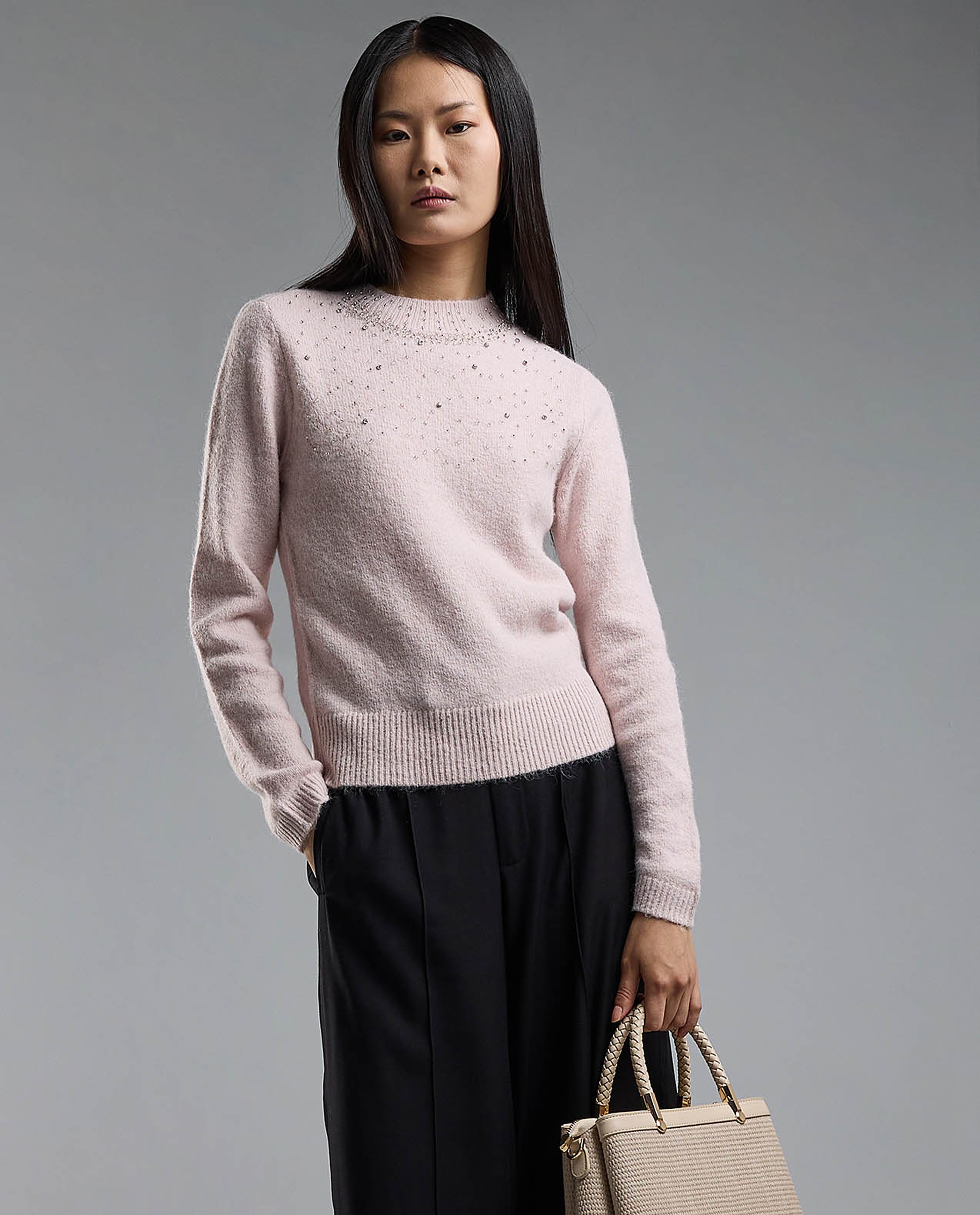 Embellished Sweater with Crew Neck and Long Sleeves
