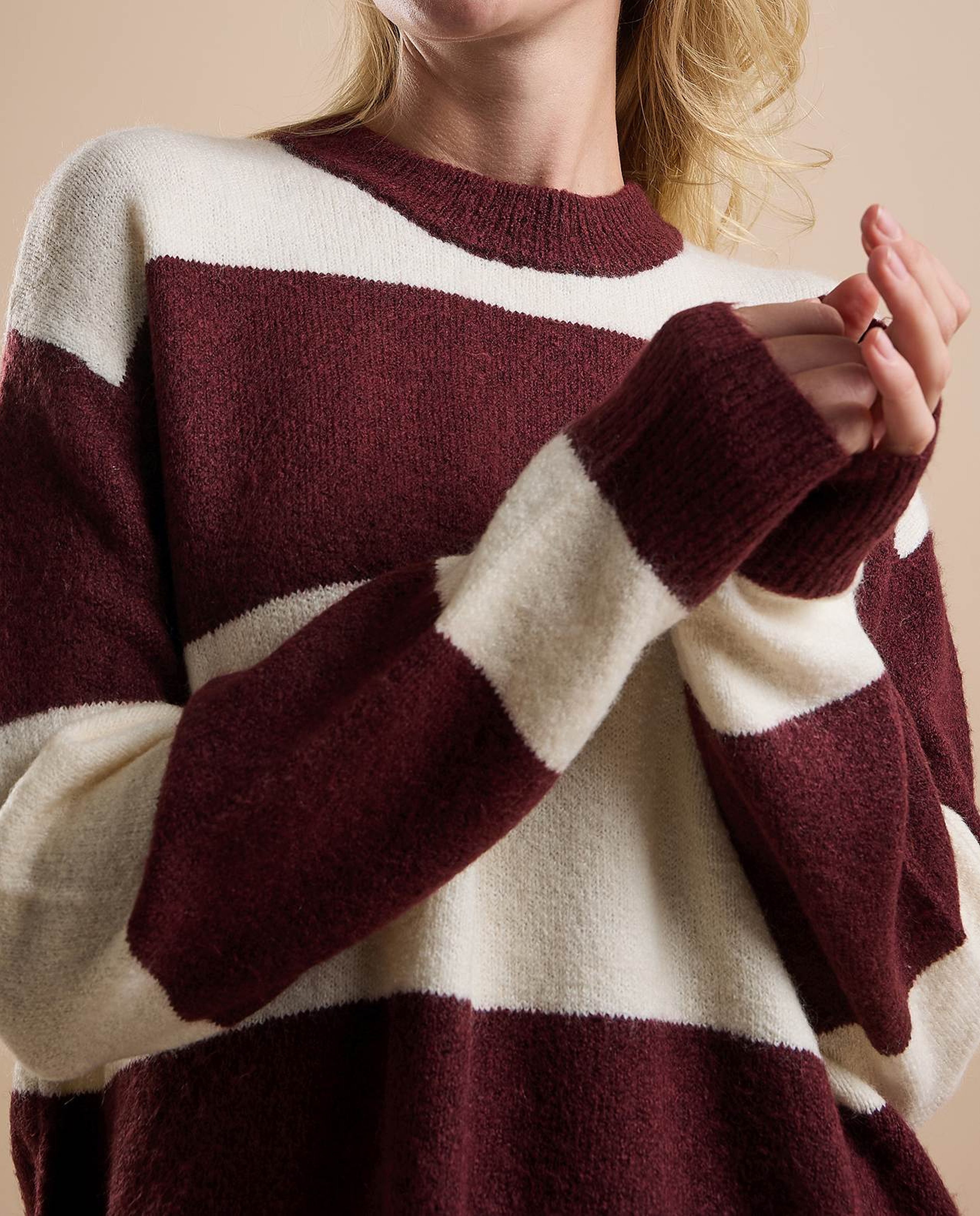 Striped Sweater Tunic with Crew Neck and Long Sleeves