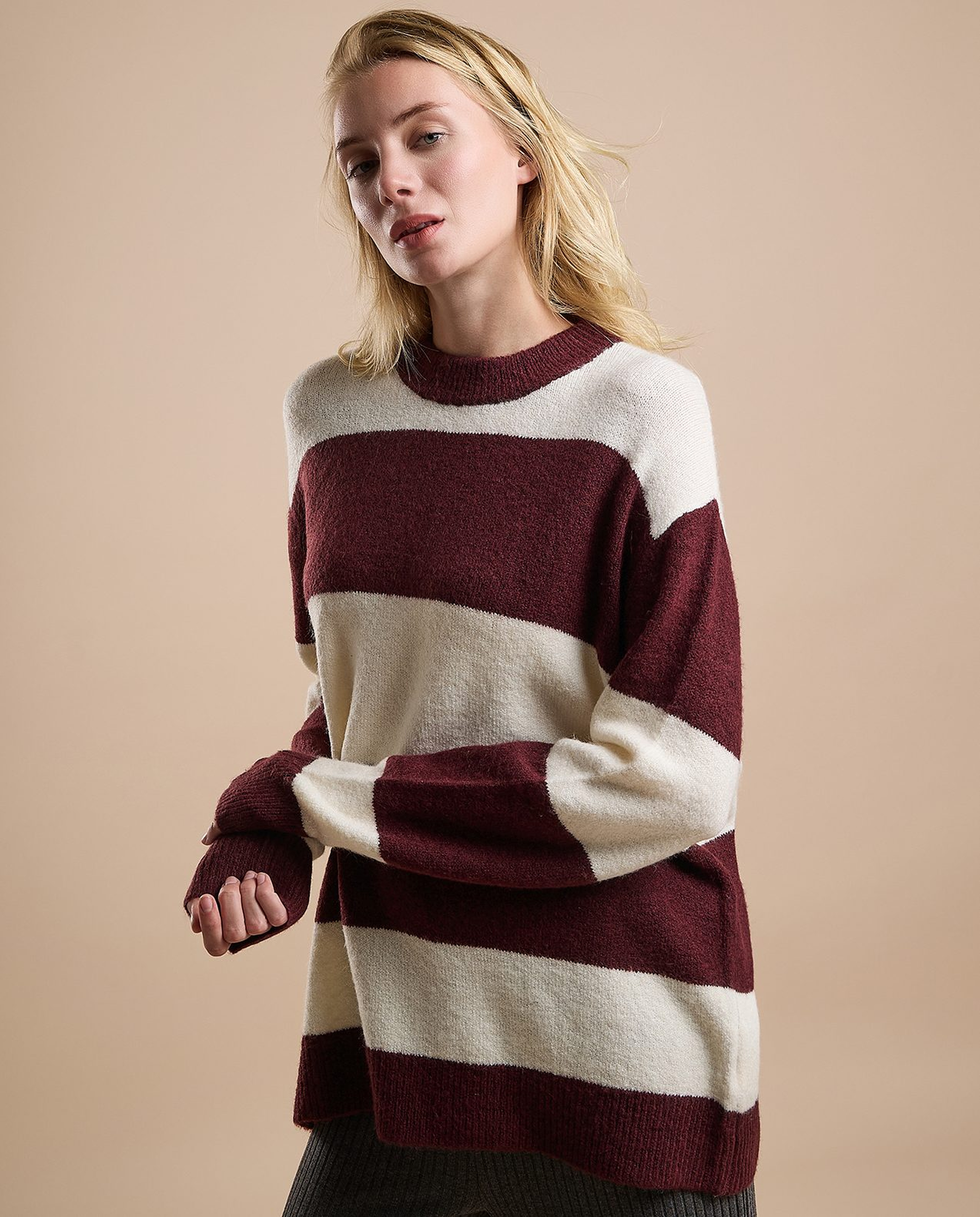 Striped Sweater Tunic with Crew Neck and Long Sleeves