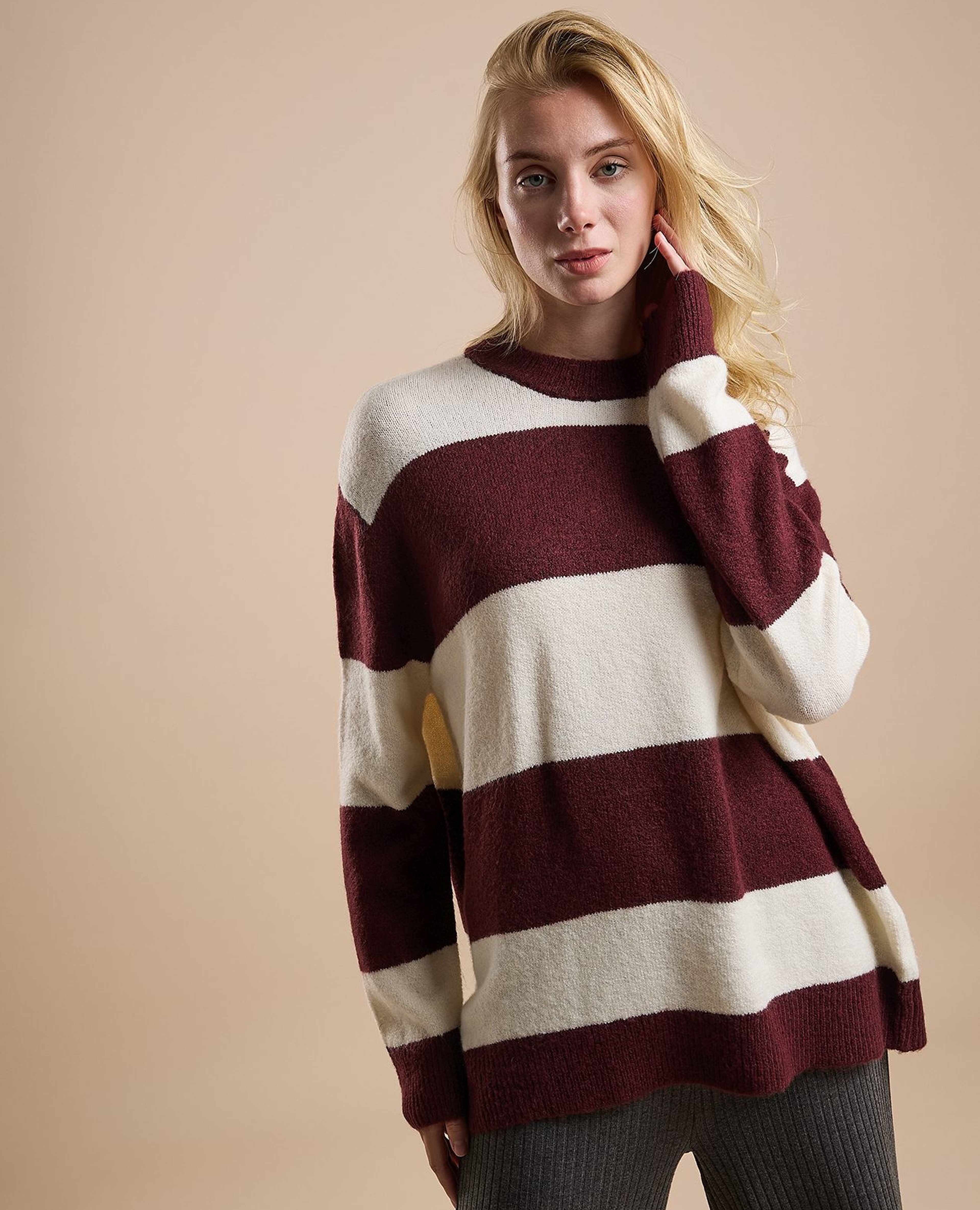Striped Sweater Tunic with Crew Neck and Long Sleeves